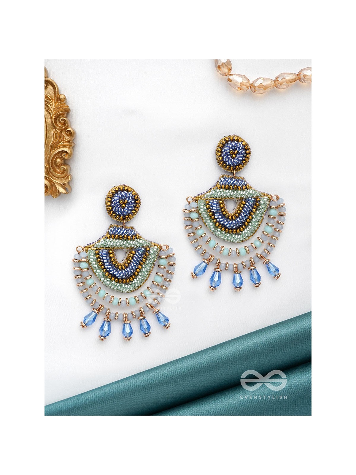 CHANDRALEKHA - THE MOON'S RAY - BEADS AND GLASS DROP EMBROIDERED EARRINGS