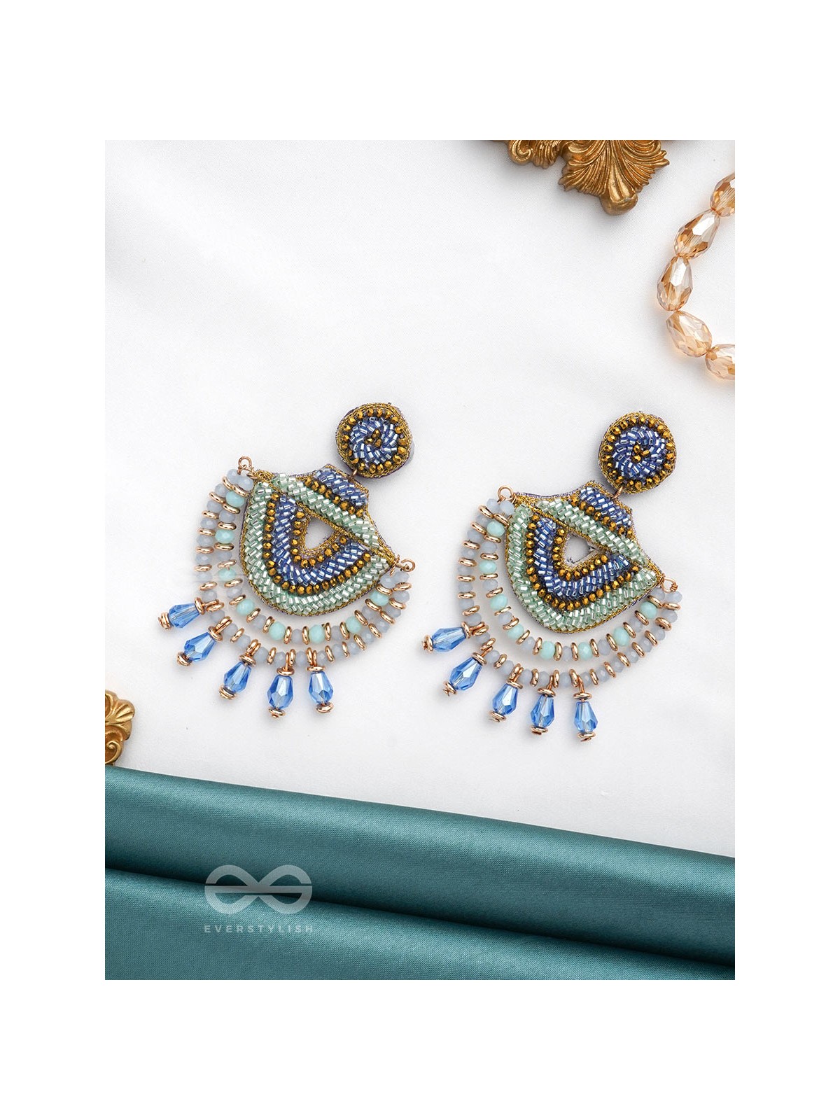 CHANDRALEKHA - THE MOON'S RAY - BEADS AND GLASS DROP EMBROIDERED EARRINGS
