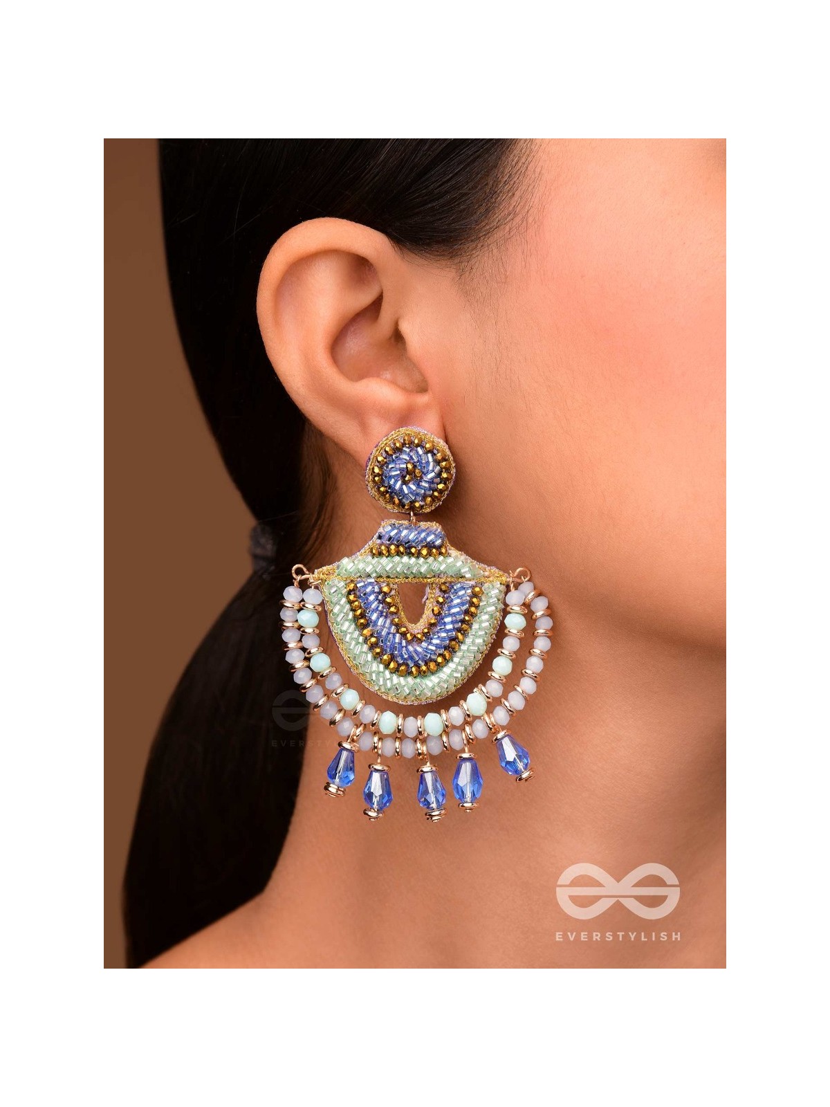 CHANDRALEKHA - THE MOON'S RAY - BEADS AND GLASS DROP EMBROIDERED EARRINGS