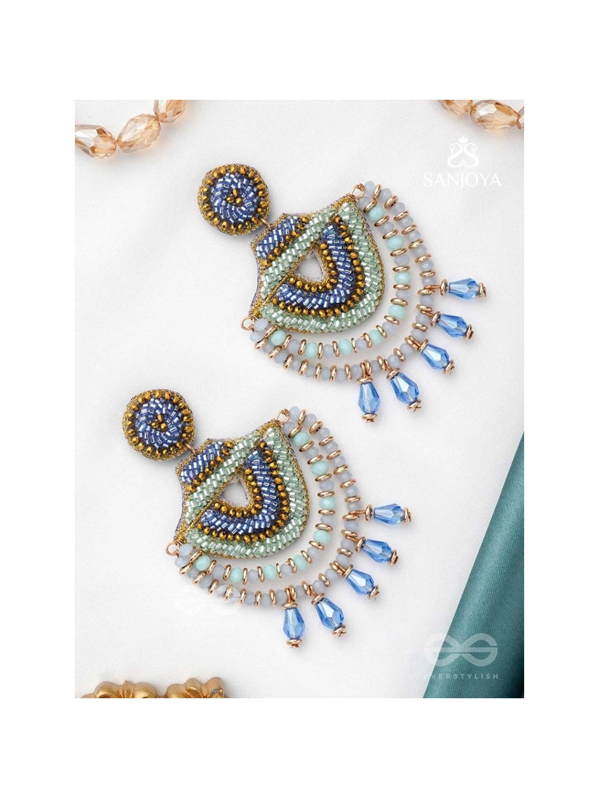 CHANDRALEKHA - THE MOON'S RAY - BEADS AND GLASS DROP EMBROIDERED EARRINGS