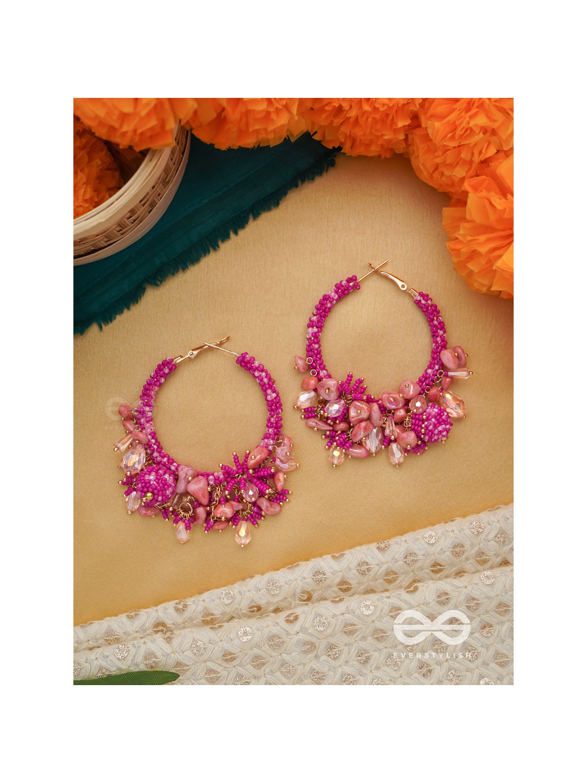 Roshnika - The Pink Spark - Stones, Beads And Glass Drops Hand Embroidered Earrings