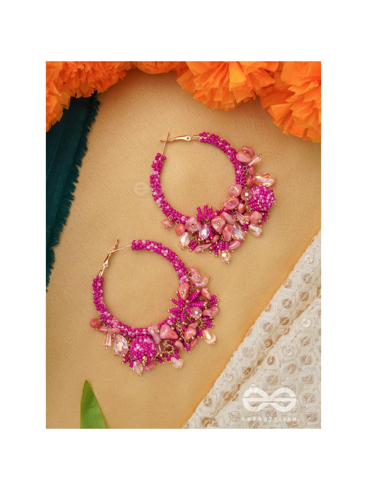 Roshnika - The Pink Spark - Stones, Beads And Glass Drops Hand Embroidered Earrings