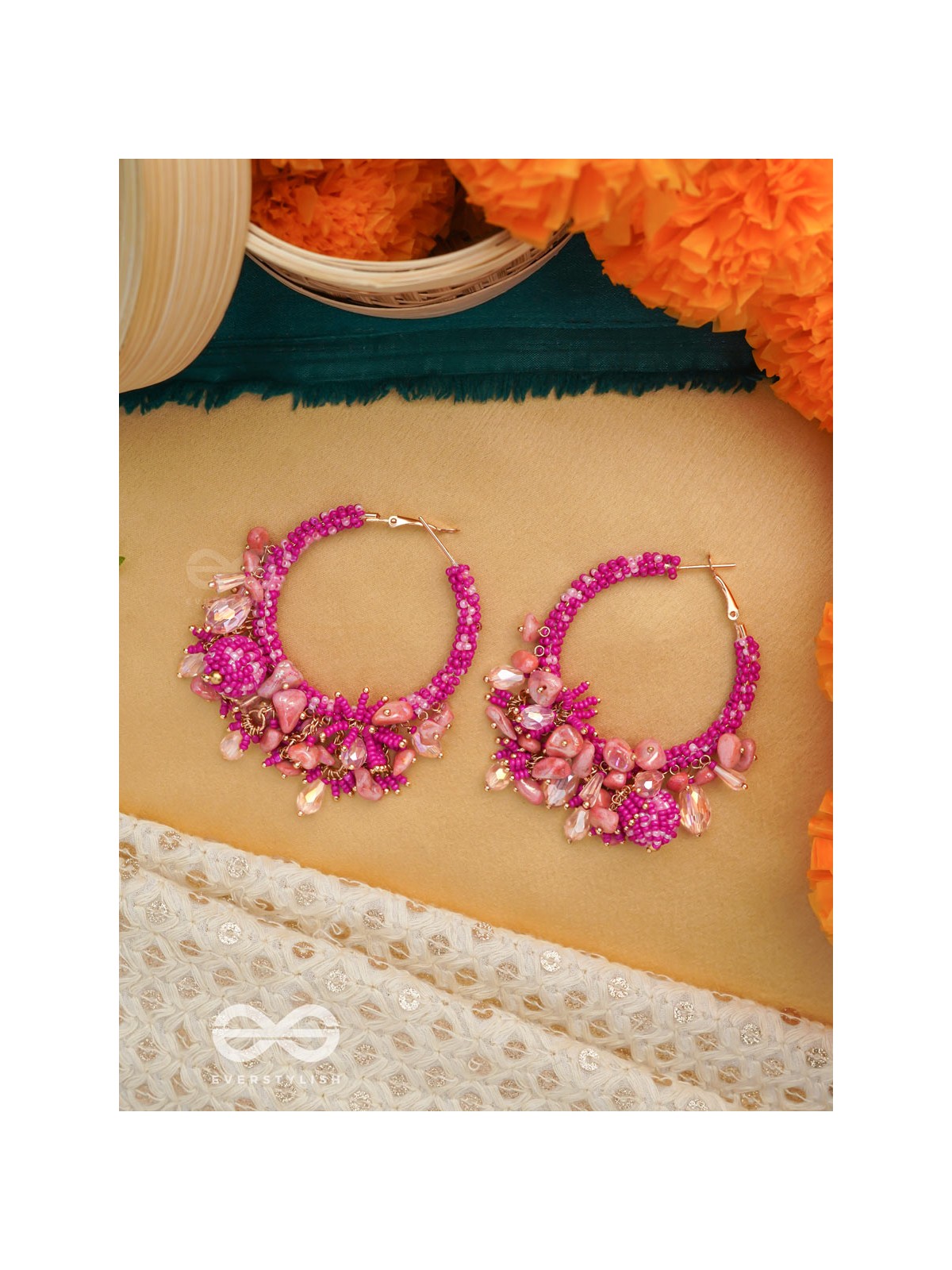 Roshnika - The Pink Spark - Stones, Beads And Glass Drops Hand Embroidered Earrings