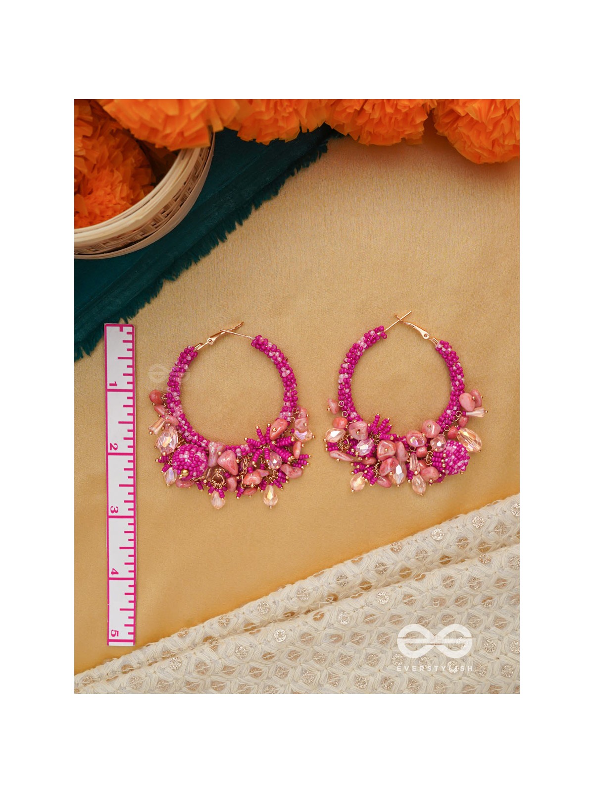 Roshnika - The Pink Spark - Stones, Beads And Glass Drops Hand Embroidered Earrings