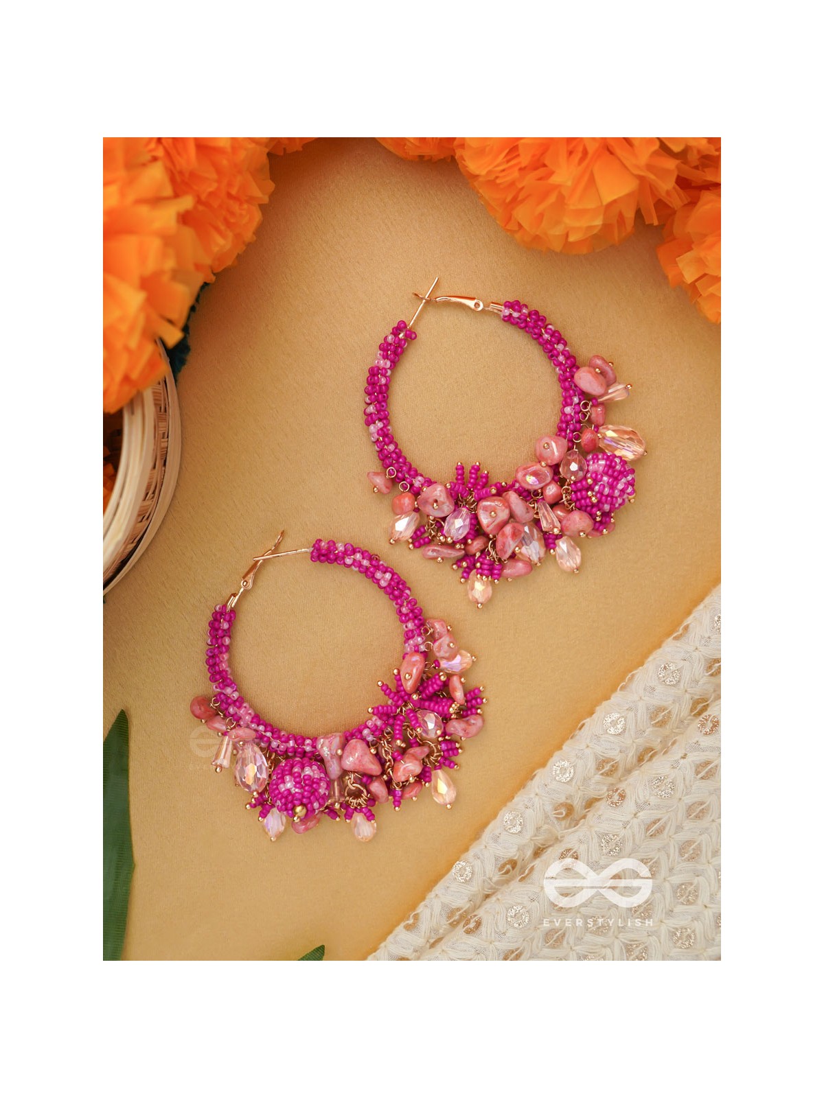 Roshnika - The Pink Spark - Stones, Beads And Glass Drops Hand Embroidered Earrings