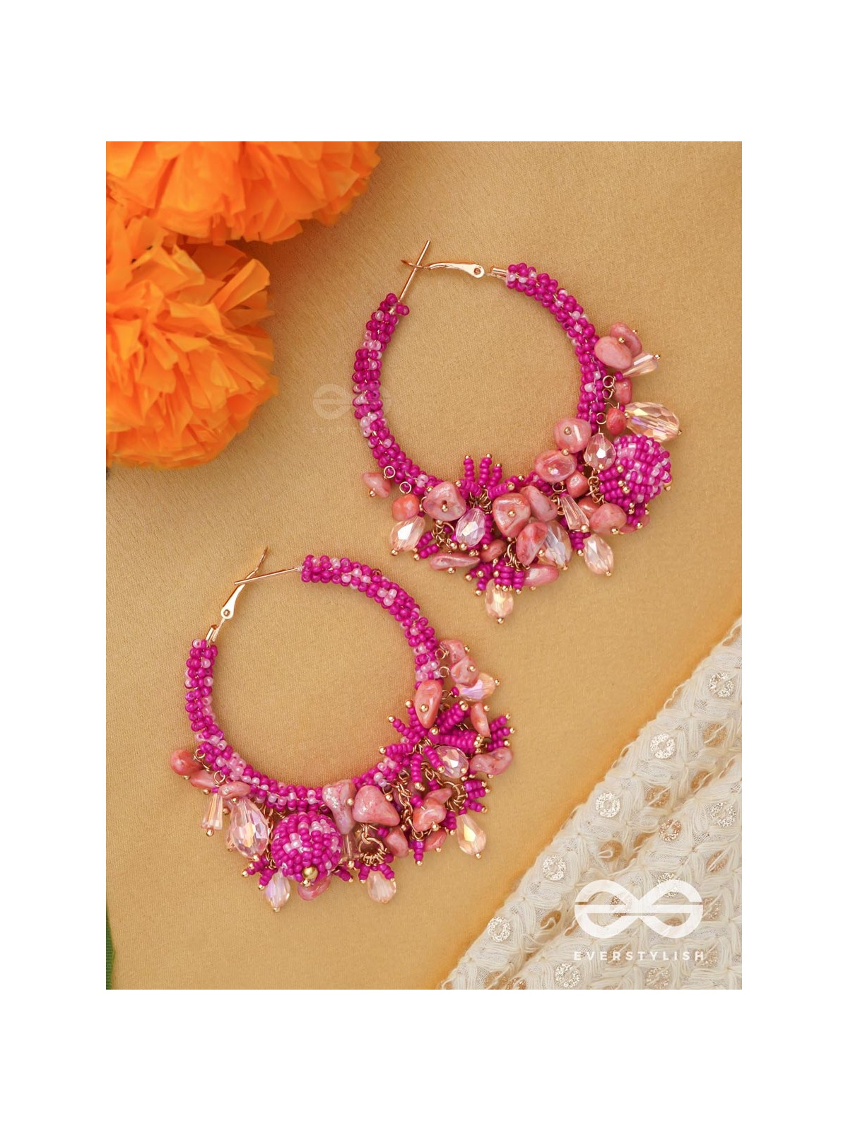 Roshnika - The Pink Spark - Stones, Beads And Glass Drops Hand Embroidered Earrings