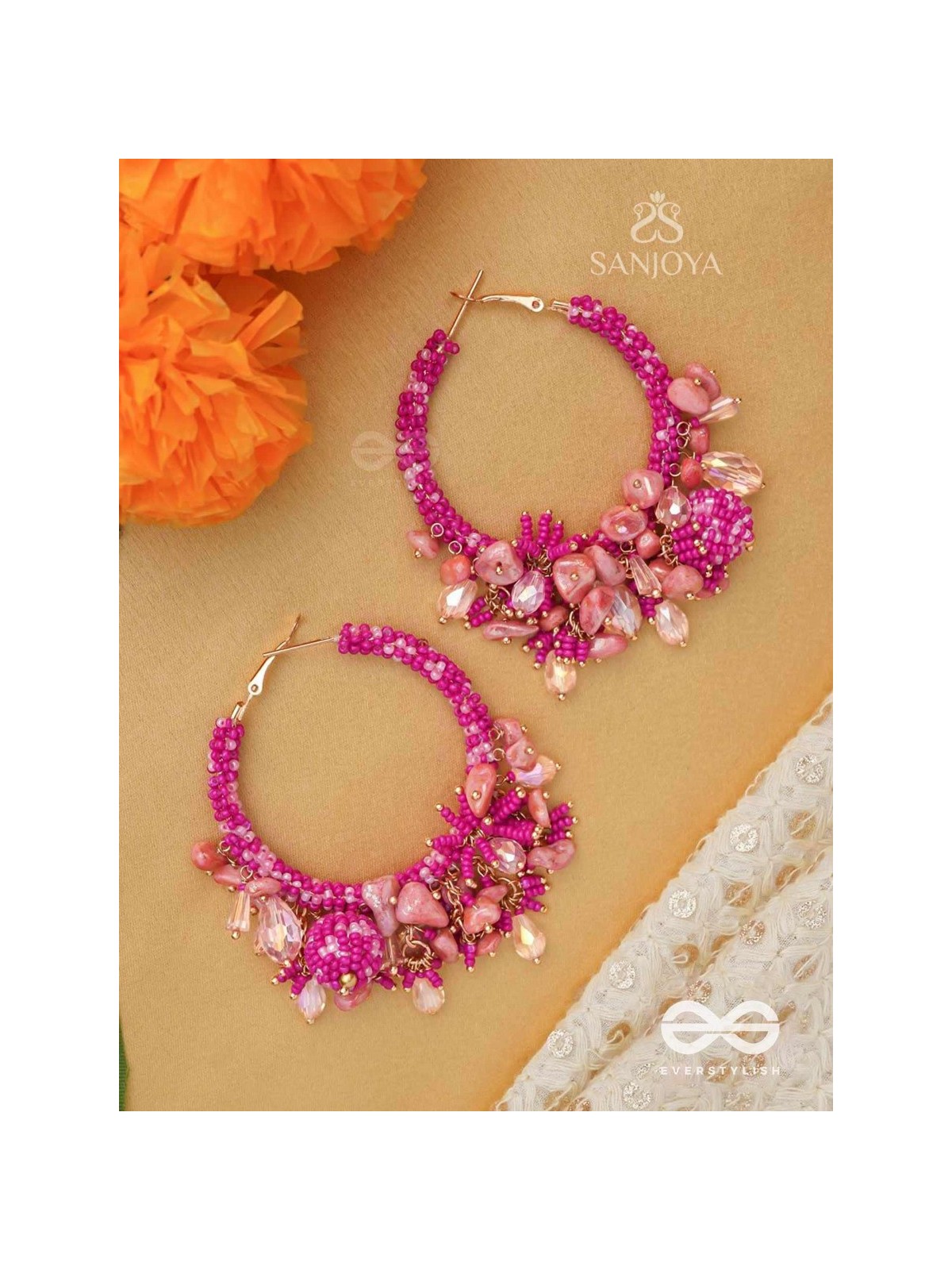 Roshnika - The Pink Spark - Stones, Beads And Glass Drops Hand Embroidered Earrings