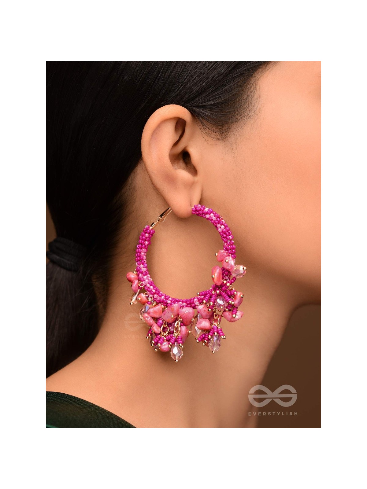 Roshnika - The Pink Spark - Stones, Beads And Glass Drops Hand Embroidered Earrings