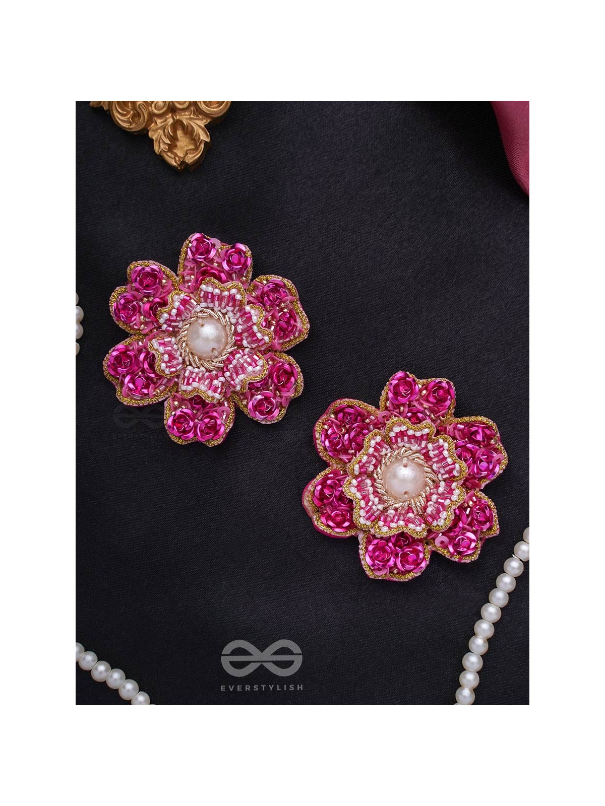 Padmaraga - The Pink Sapphire - Sequins, Beads And Cutdana Hand Embroidered Earrings