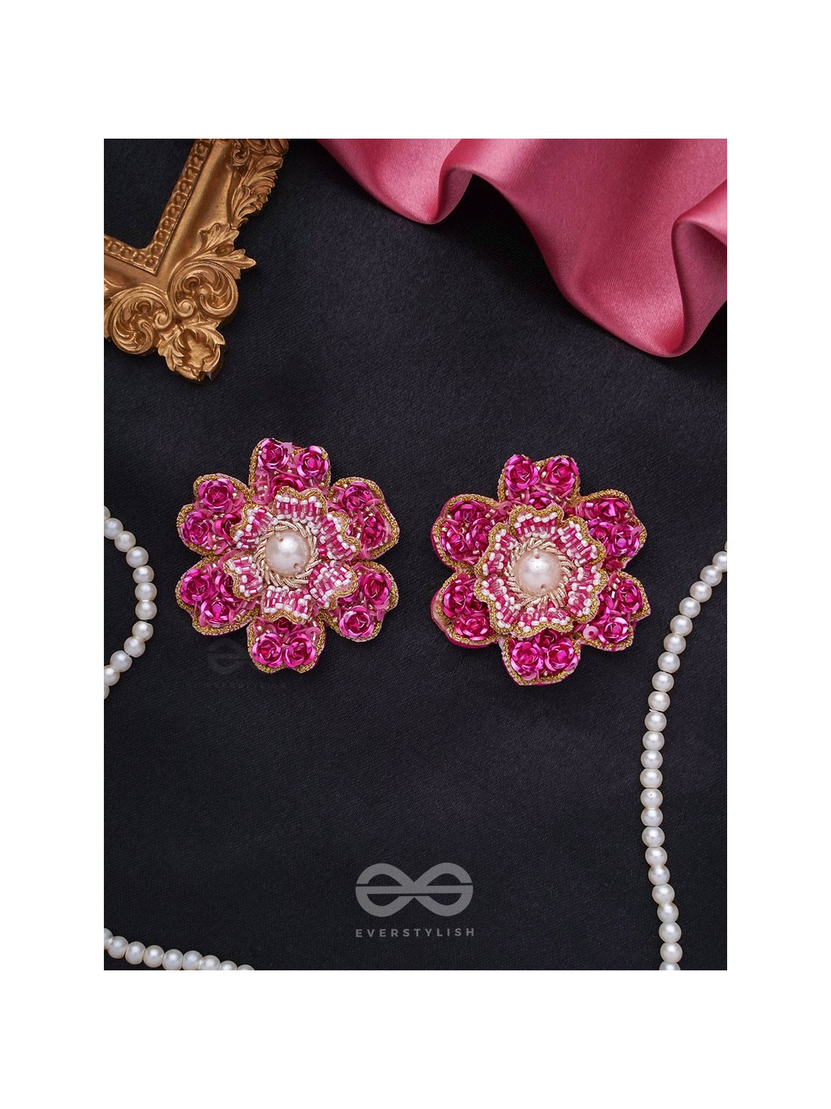 Padmaraga - The Pink Sapphire - Sequins, Beads And Cutdana Hand Embroidered Earrings