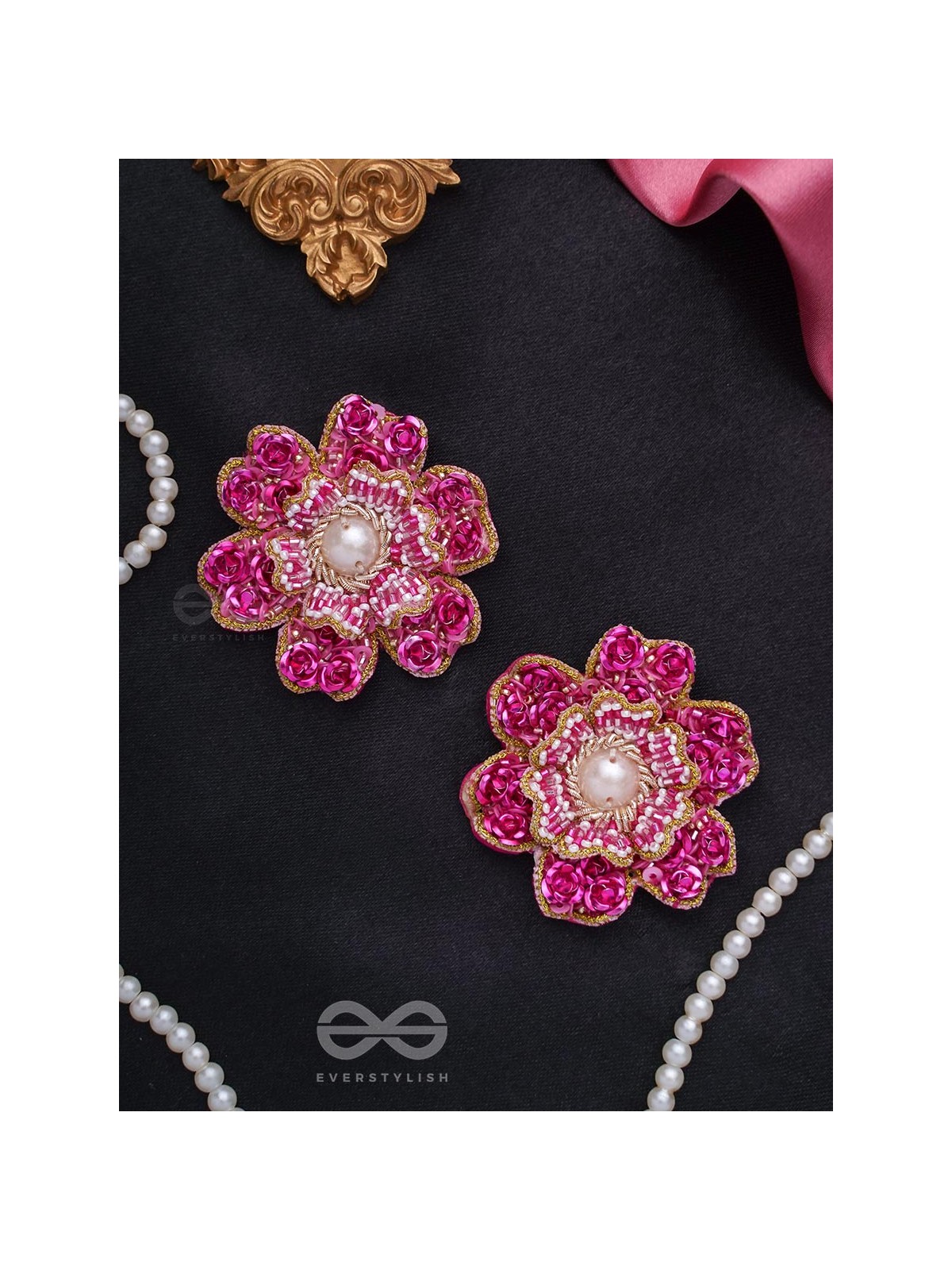 Padmaraga - The Pink Sapphire - Sequins, Beads And Cutdana Hand Embroidered Earrings