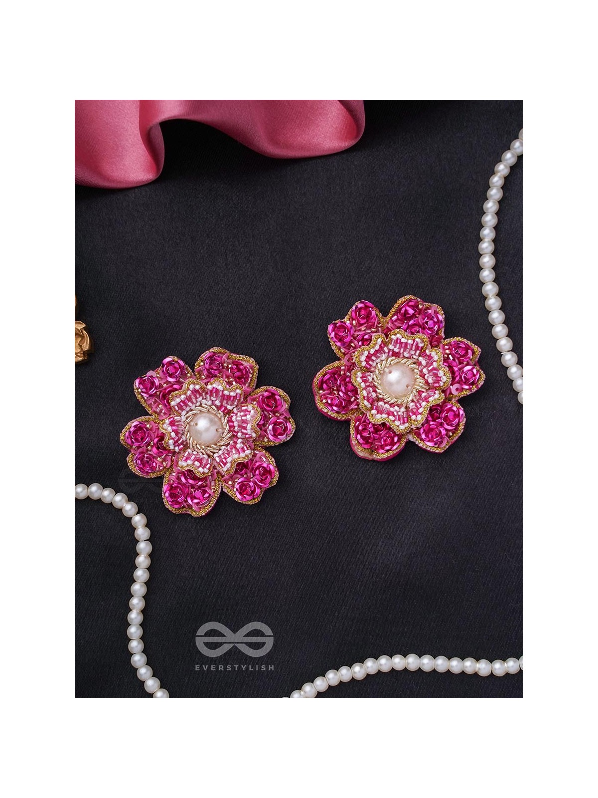 Padmaraga - The Pink Sapphire - Sequins, Beads And Cutdana Hand Embroidered Earrings