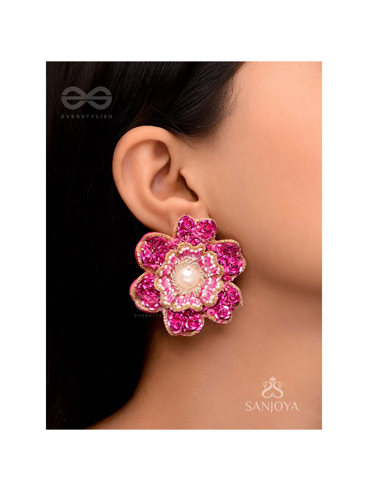 Padmaraga - The Pink Sapphire - Sequins, Beads And Cutdana Hand Embroidered Earrings