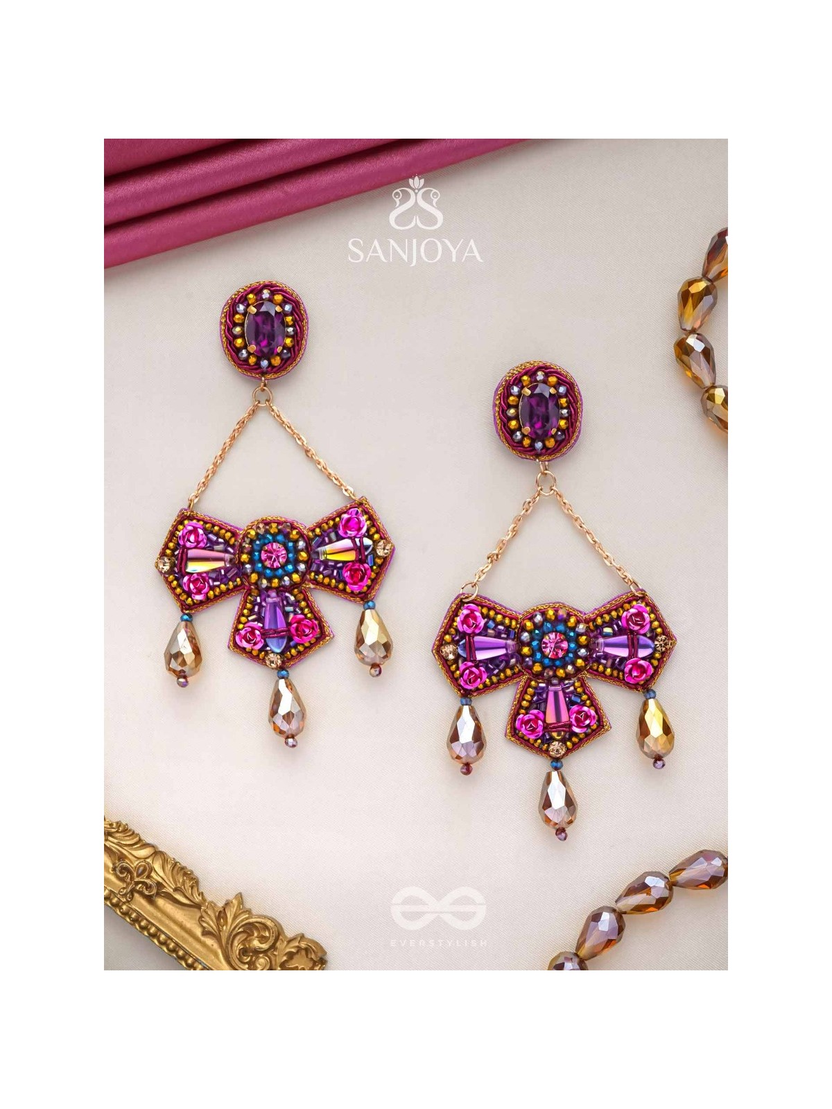 Shailaja - The Daughter Of The Mountain - Stone, Beads And Glass Drops Hand Embroidered Earrings