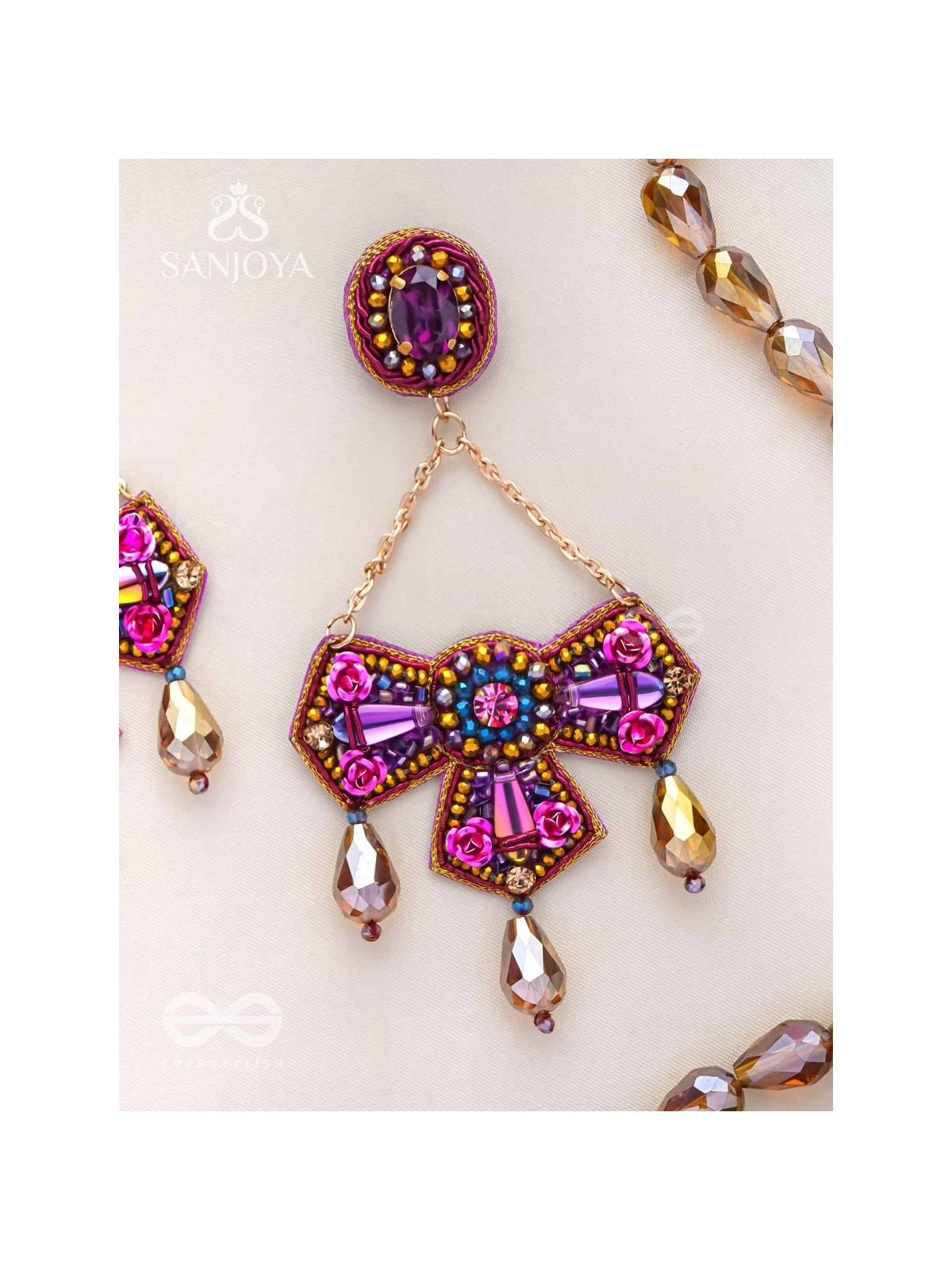 Shailaja - The Daughter Of The Mountain - Stone, Beads And Glass Drops Hand Embroidered Earrings