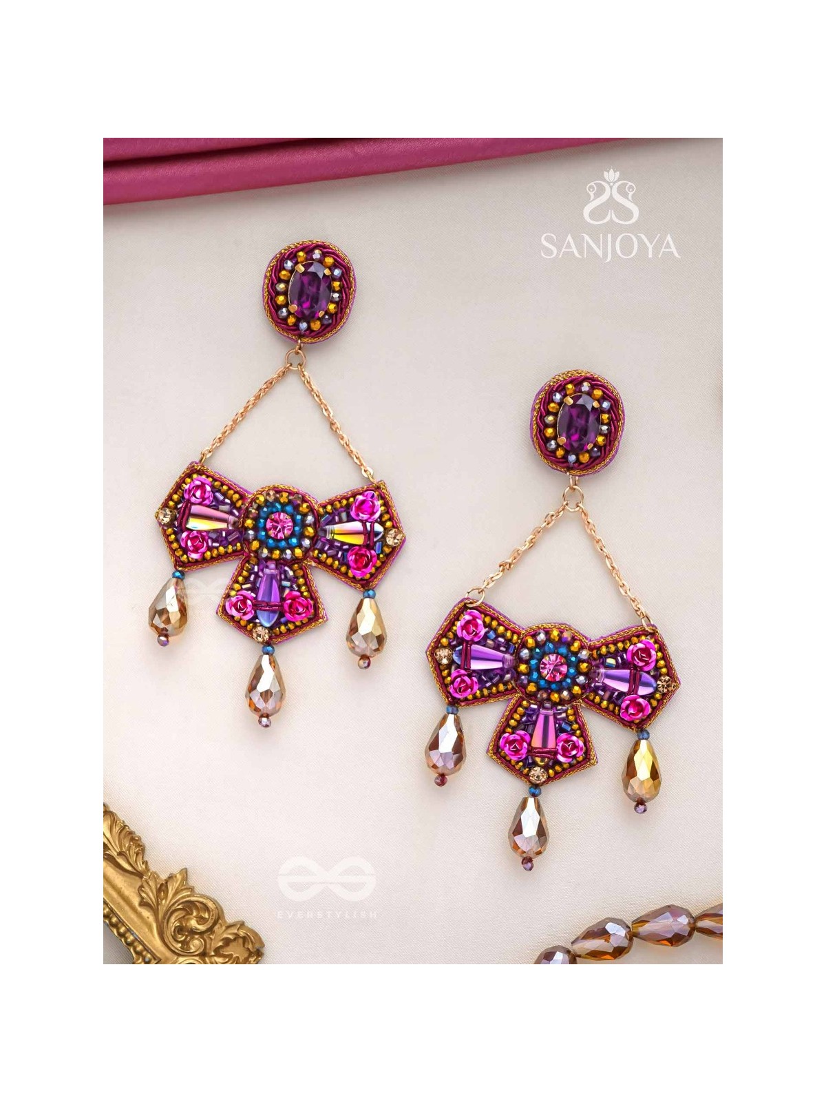 Shailaja - The Daughter Of The Mountain - Stone, Beads And Glass Drops Hand Embroidered Earrings