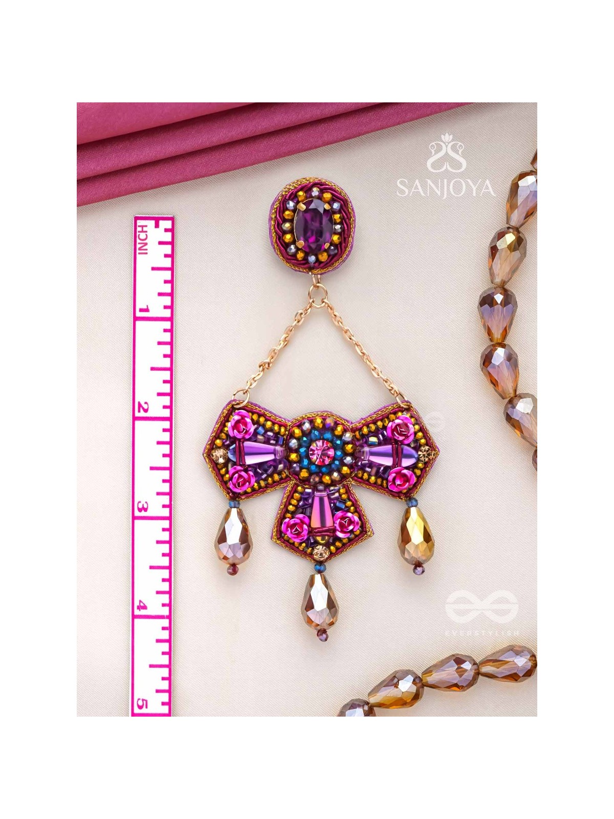 Shailaja - The Daughter Of The Mountain - Stone, Beads And Glass Drops Hand Embroidered Earrings