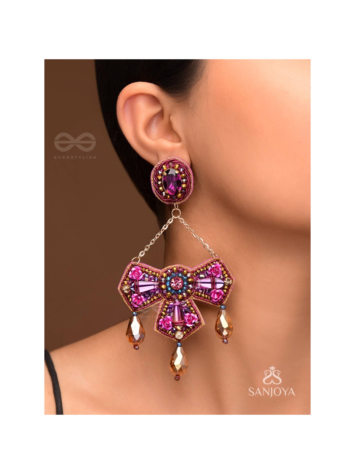 Shailaja - The Daughter Of The Mountain - Stone, Beads And Glass Drops Hand Embroidered Earrings