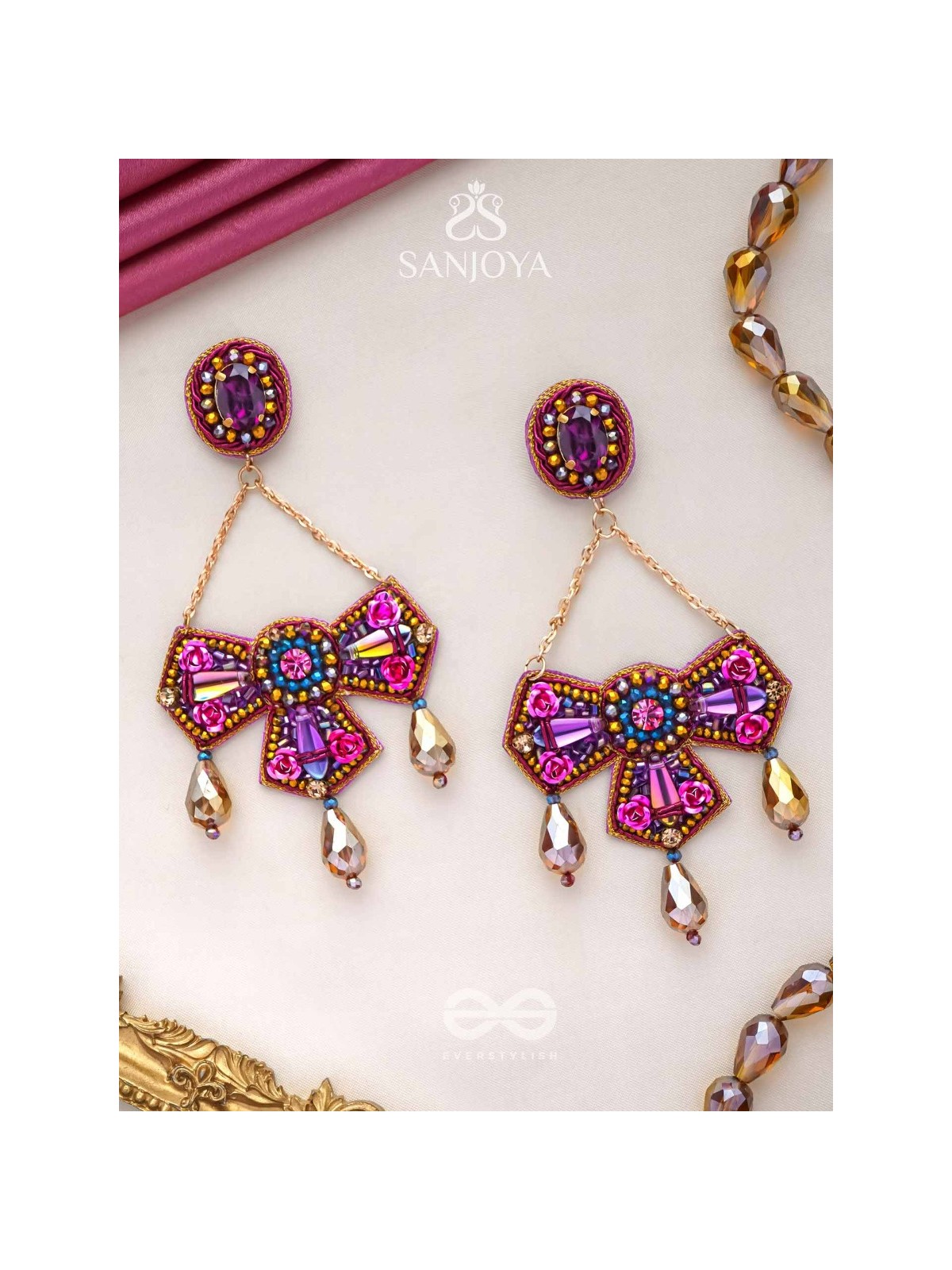 Shailaja - The Daughter Of The Mountain - Stone, Beads And Glass Drops Hand Embroidered Earrings