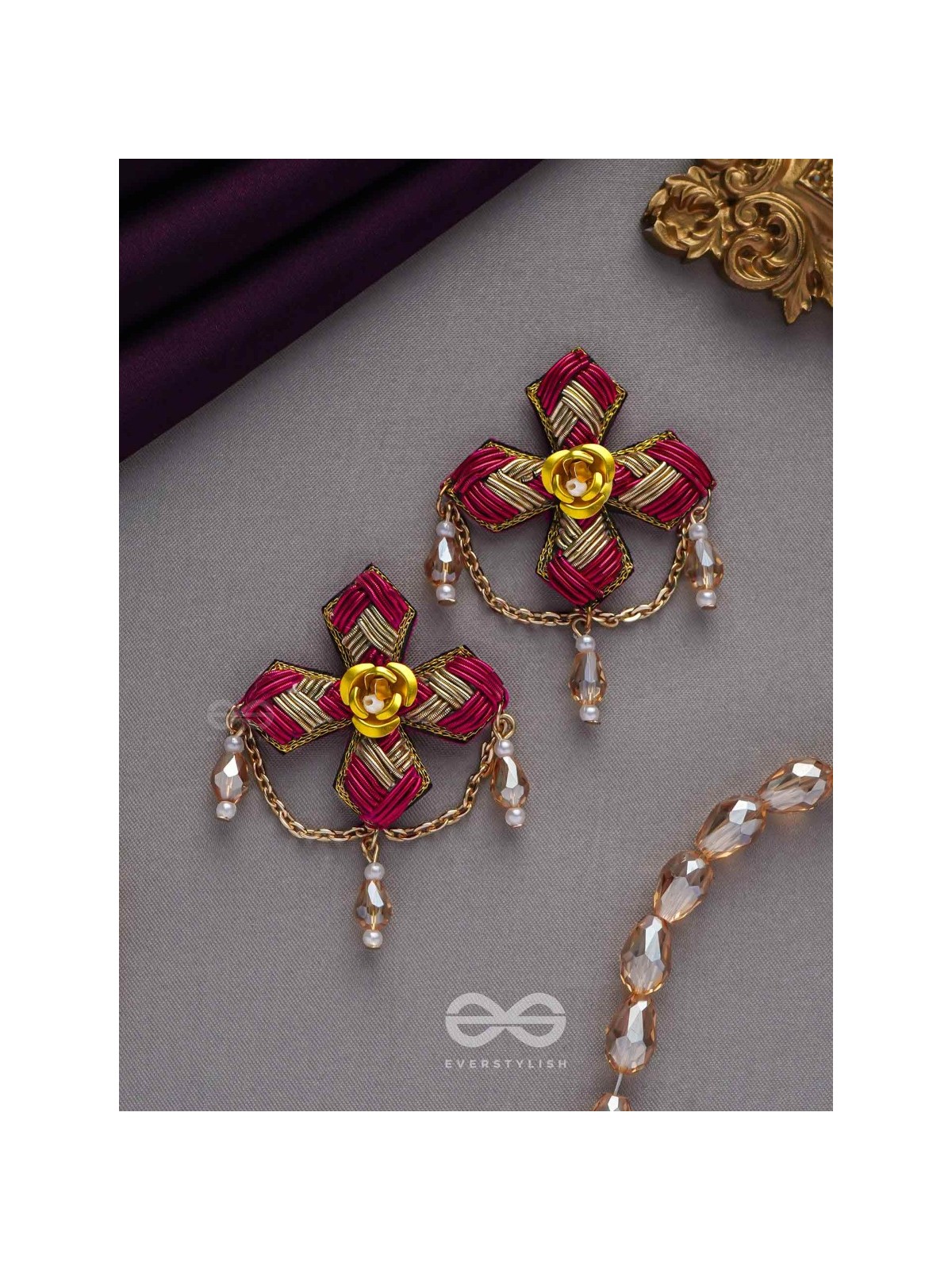 Chaarvi - The Beautiful And Elegant - Dabka And Glass Drops Hand Embroidered Earrings 