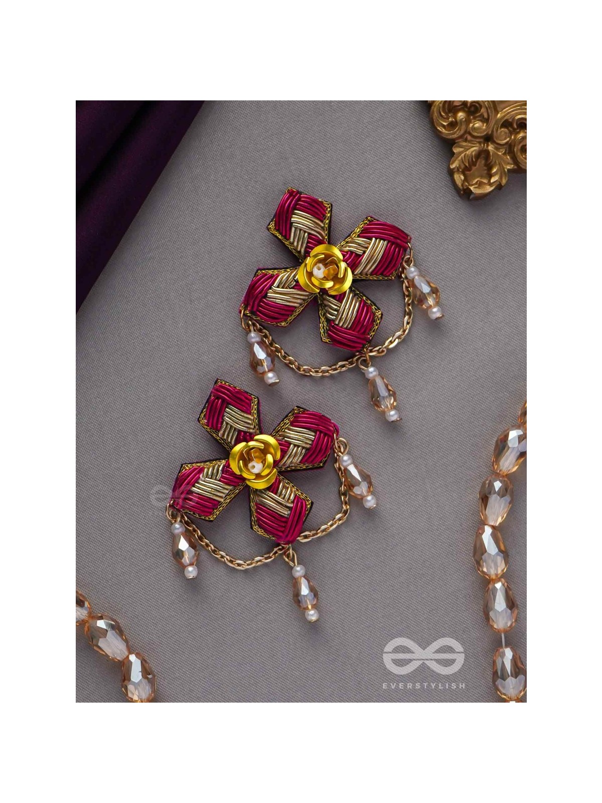 Chaarvi - The Beautiful And Elegant - Dabka And Glass Drops Hand Embroidered Earrings 