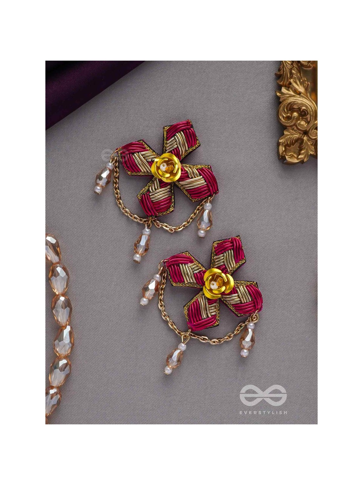 Chaarvi - The Beautiful And Elegant - Dabka And Glass Drops Hand Embroidered Earrings 