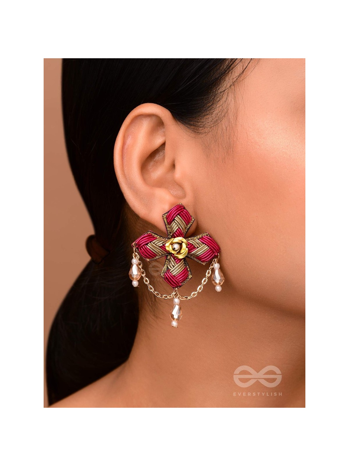 Chaarvi - The Beautiful And Elegant - Dabka And Glass Drops Hand Embroidered Earrings 