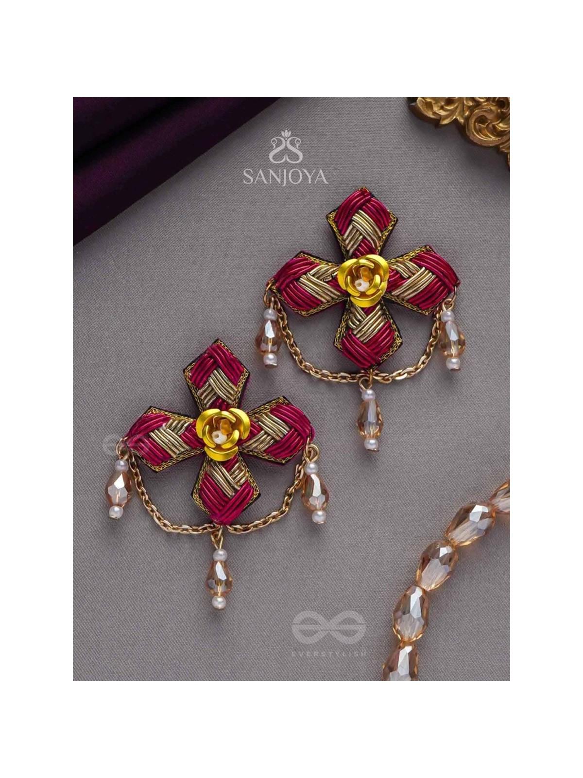 Chaarvi - The Beautiful And Elegant - Dabka And Glass Drops Hand Embroidered Earrings 