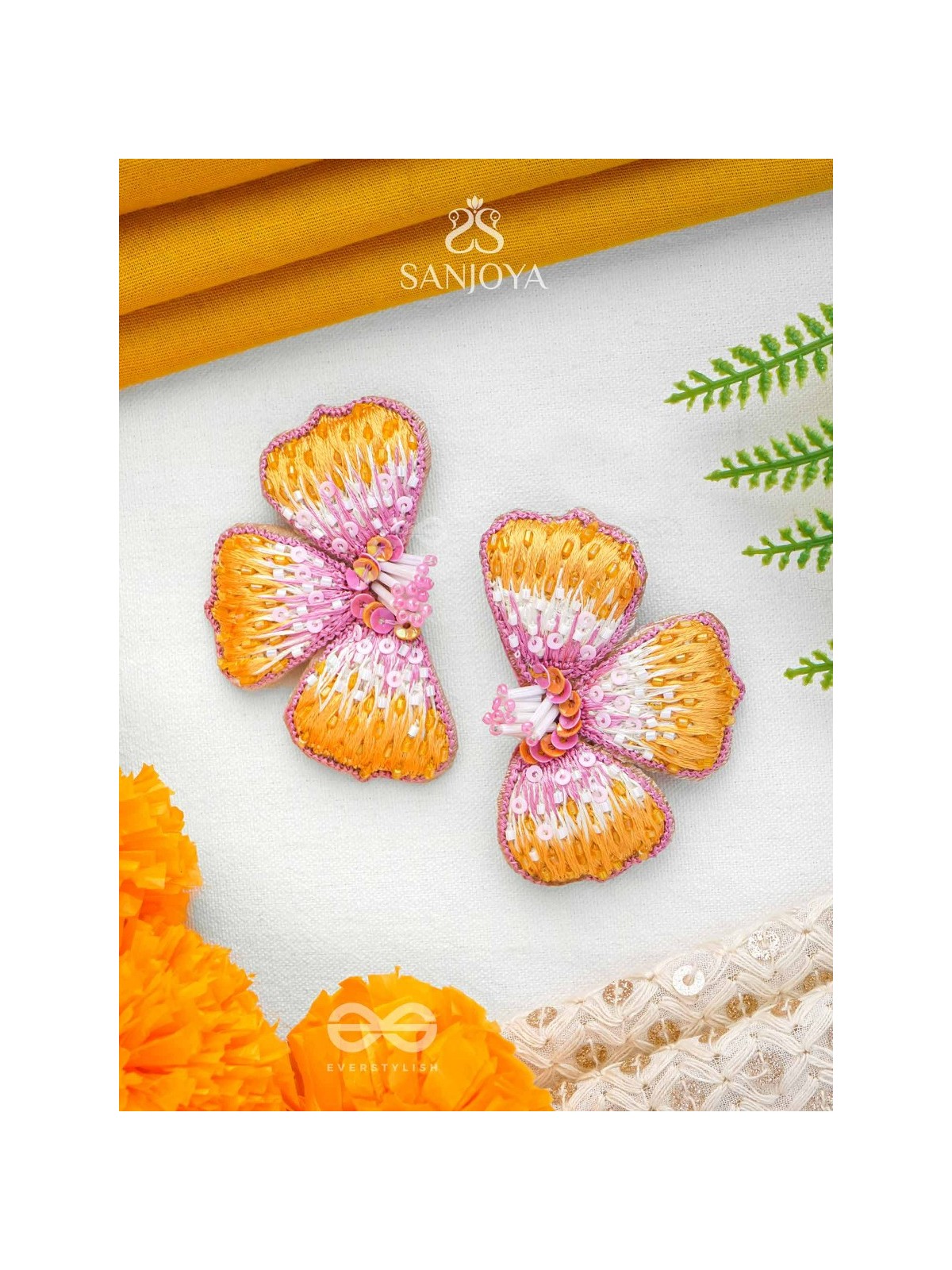 Shobhana - The Shining - Sequins And Resham Hand Embroidered Earrings (Pink & Mustard)