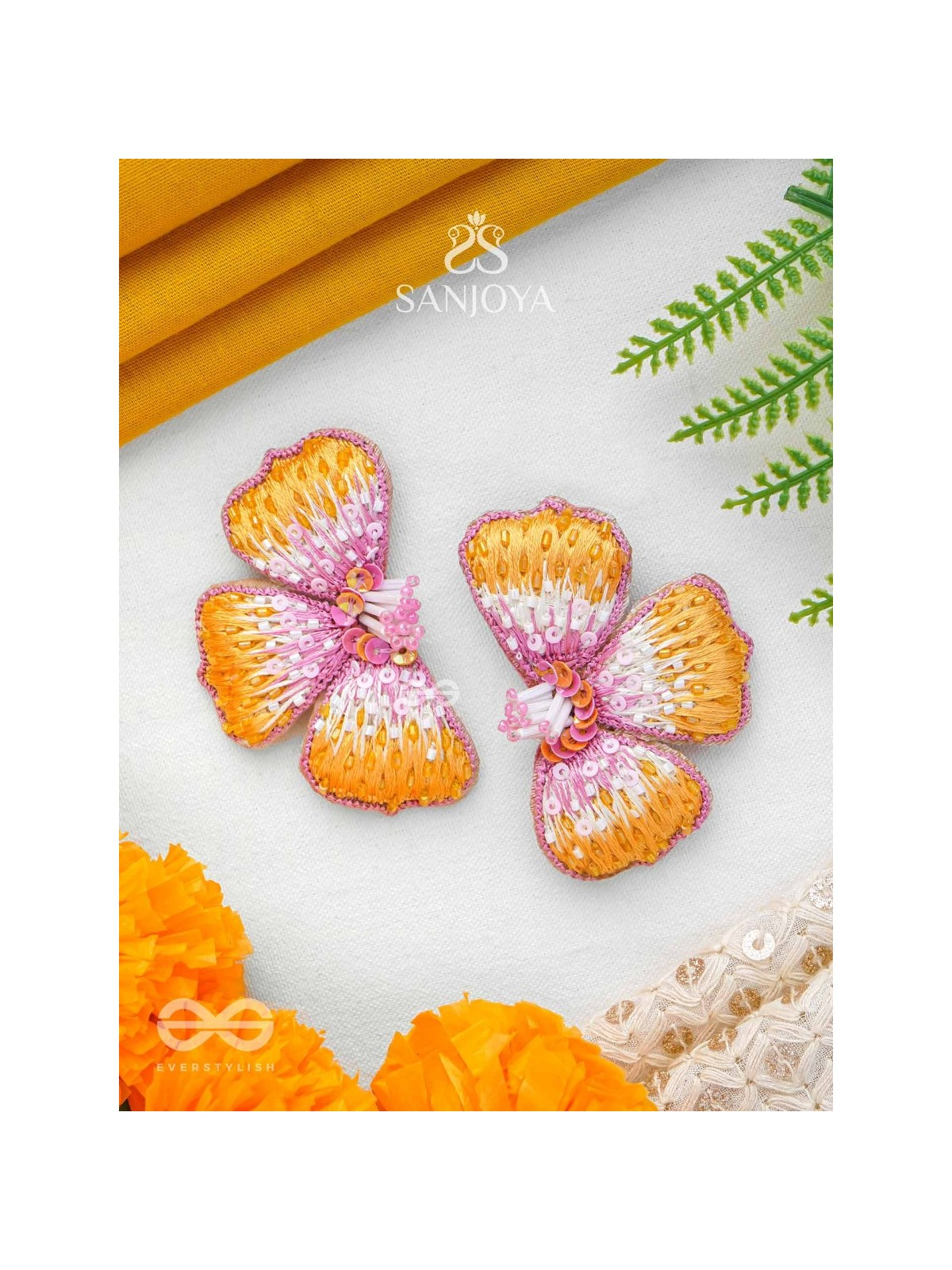 Shobhana - The Shining - Sequins And Resham Hand Embroidered Earrings (Pink & Mustard)