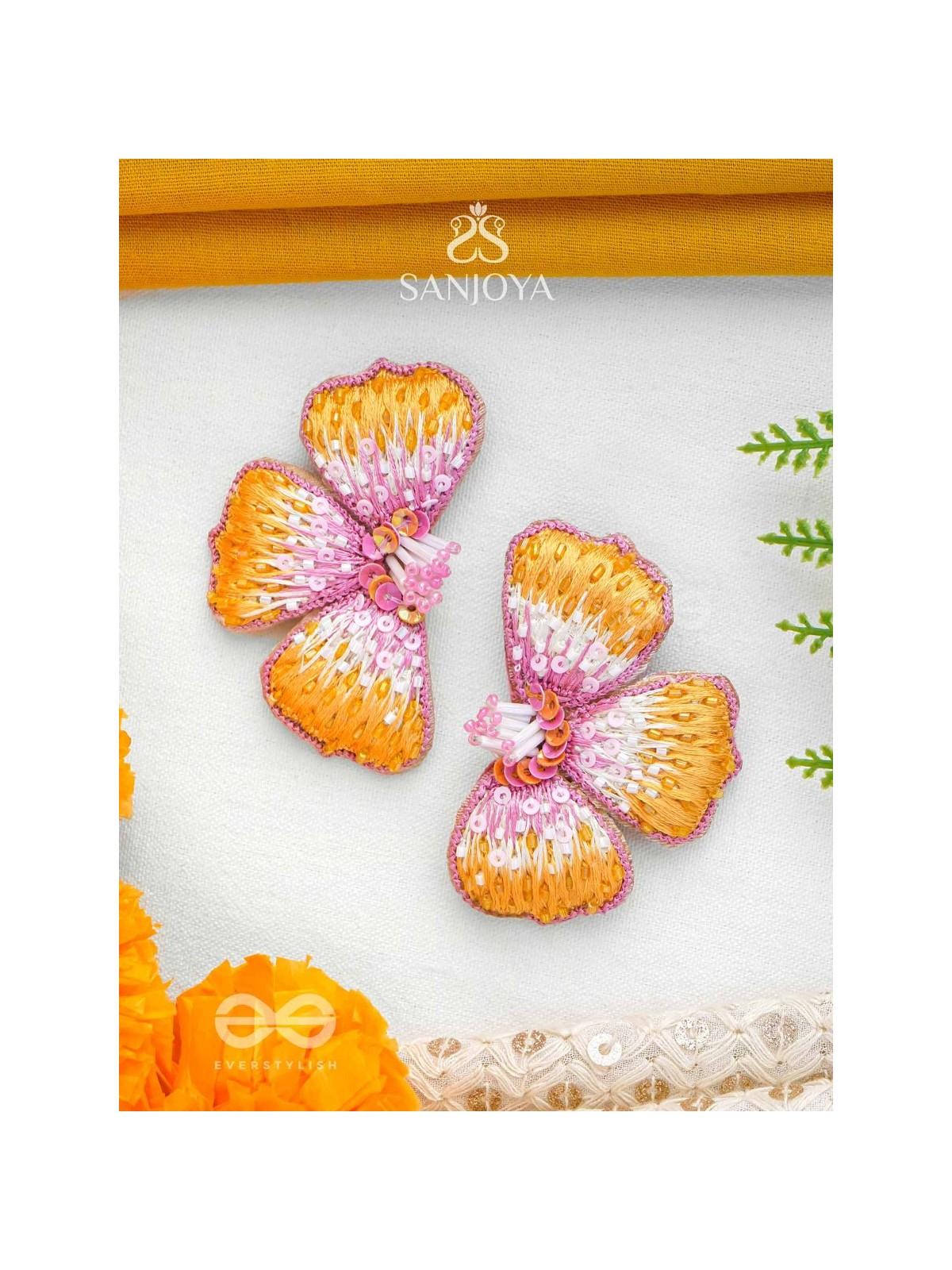 Shobhana - The Shining - Sequins And Resham Hand Embroidered Earrings (Pink & Mustard)