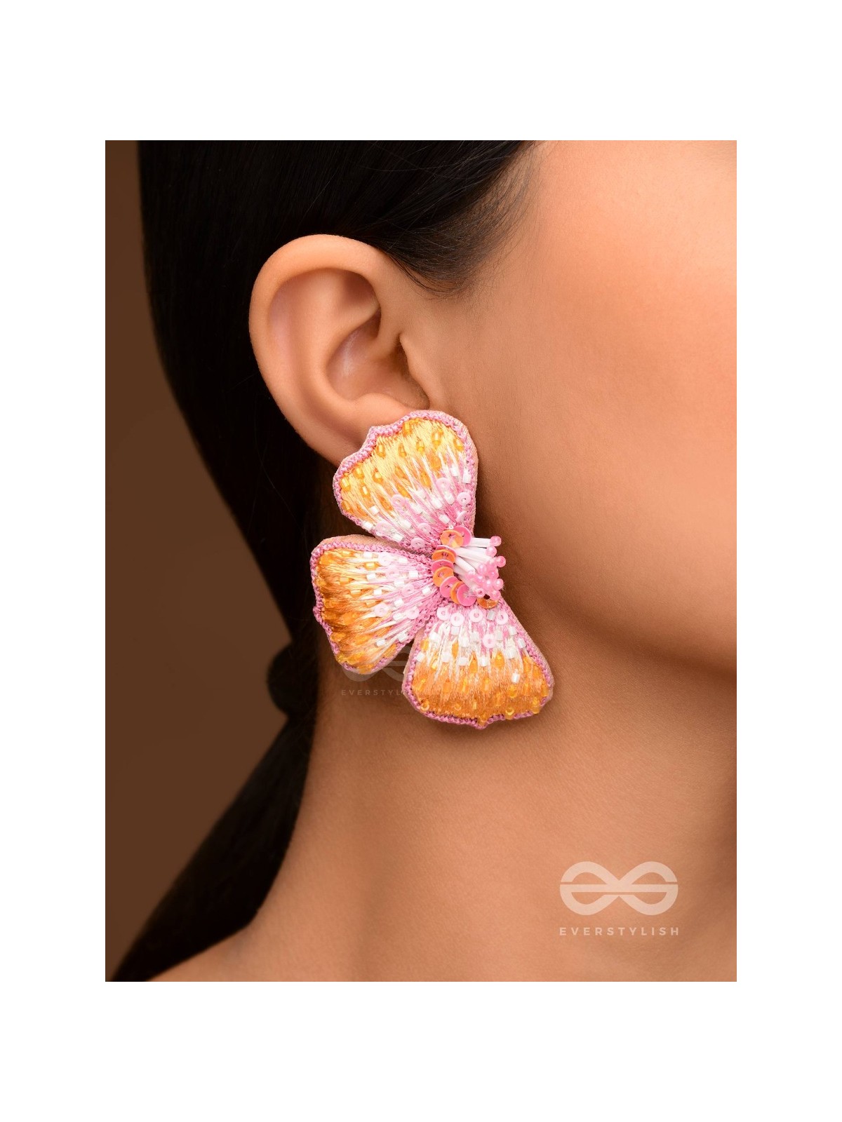 Shobhana - The Shining - Sequins And Resham Hand Embroidered Earrings (Pink & Mustard)