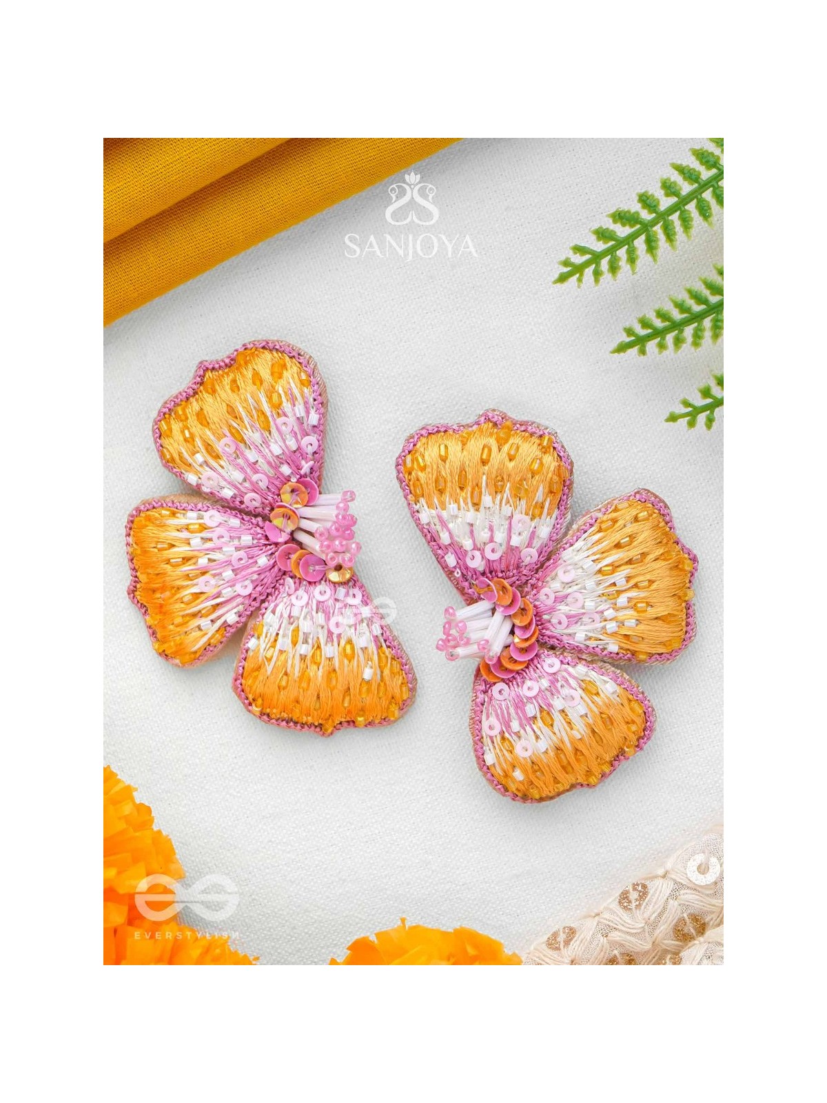 Shobhana - The Shining - Sequins And Resham Hand Embroidered Earrings (Pink & Mustard)