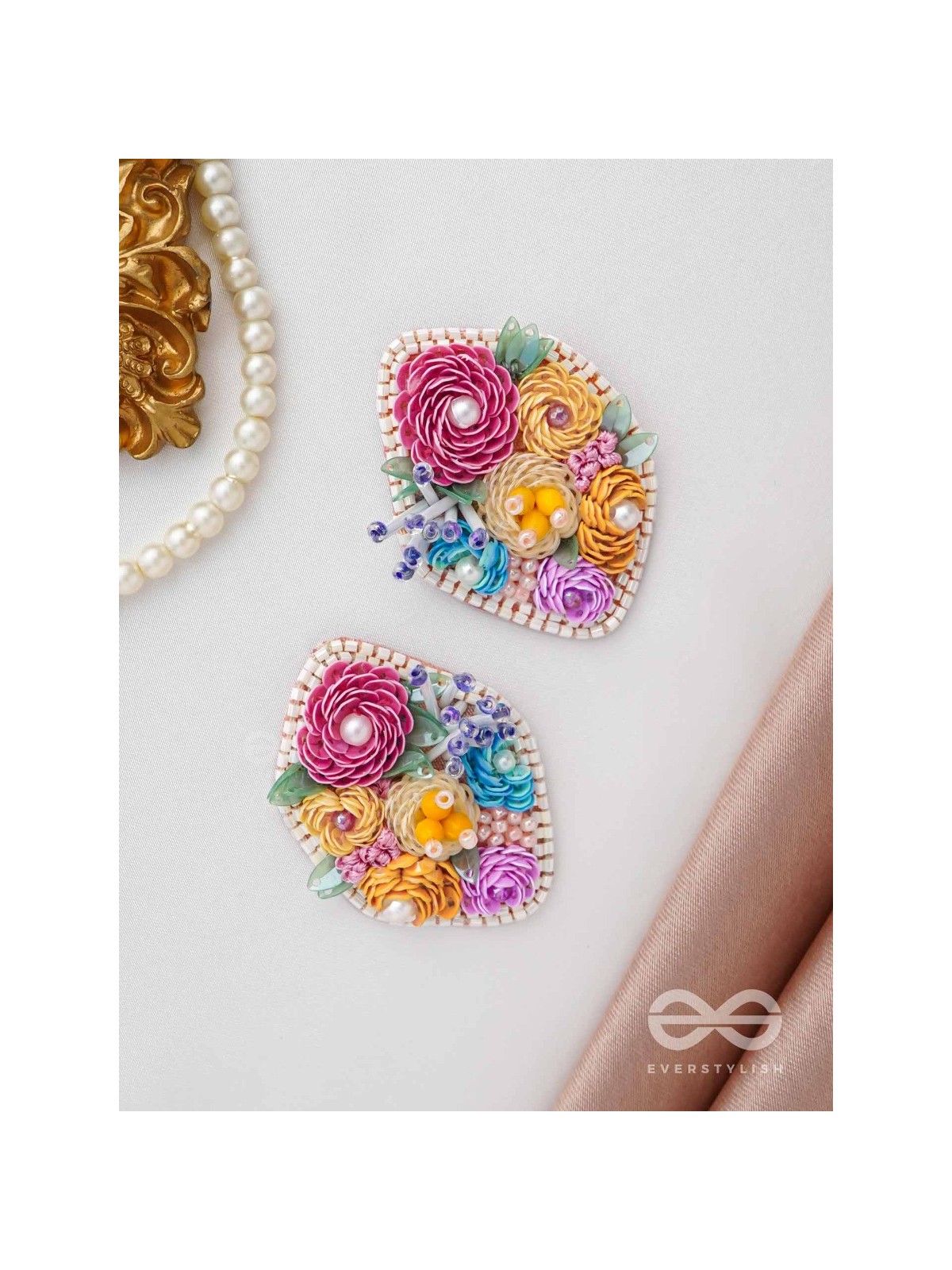 VASANTIKA- THE SPRING BLOOM - SEQUINS,PEARLS AND RESHAM EMBROIDERED EARRINGS (MULTICOLOR)