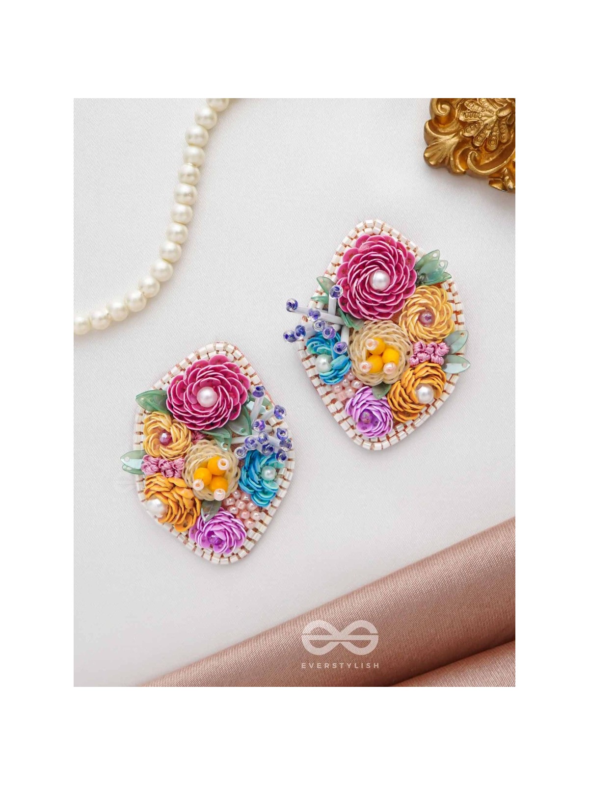 VASANTIKA- THE SPRING BLOOM - SEQUINS,PEARLS AND RESHAM EMBROIDERED EARRINGS (MULTICOLOR)