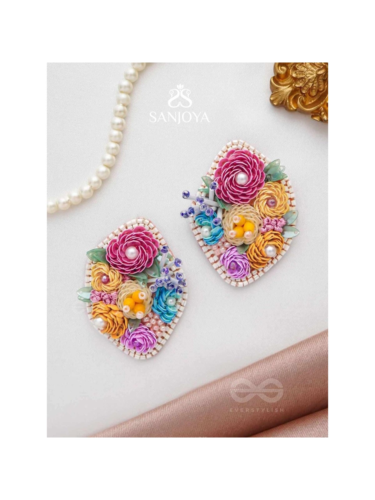 VASANTIKA- THE SPRING BLOOM - SEQUINS,PEARLS AND RESHAM EMBROIDERED EARRINGS (MULTICOLOR)