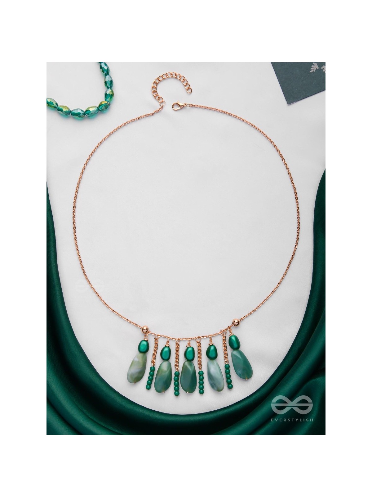 Nature's Emerald Paradise- Golden Playful Neckpiece With Anti-Tarnish Coating 