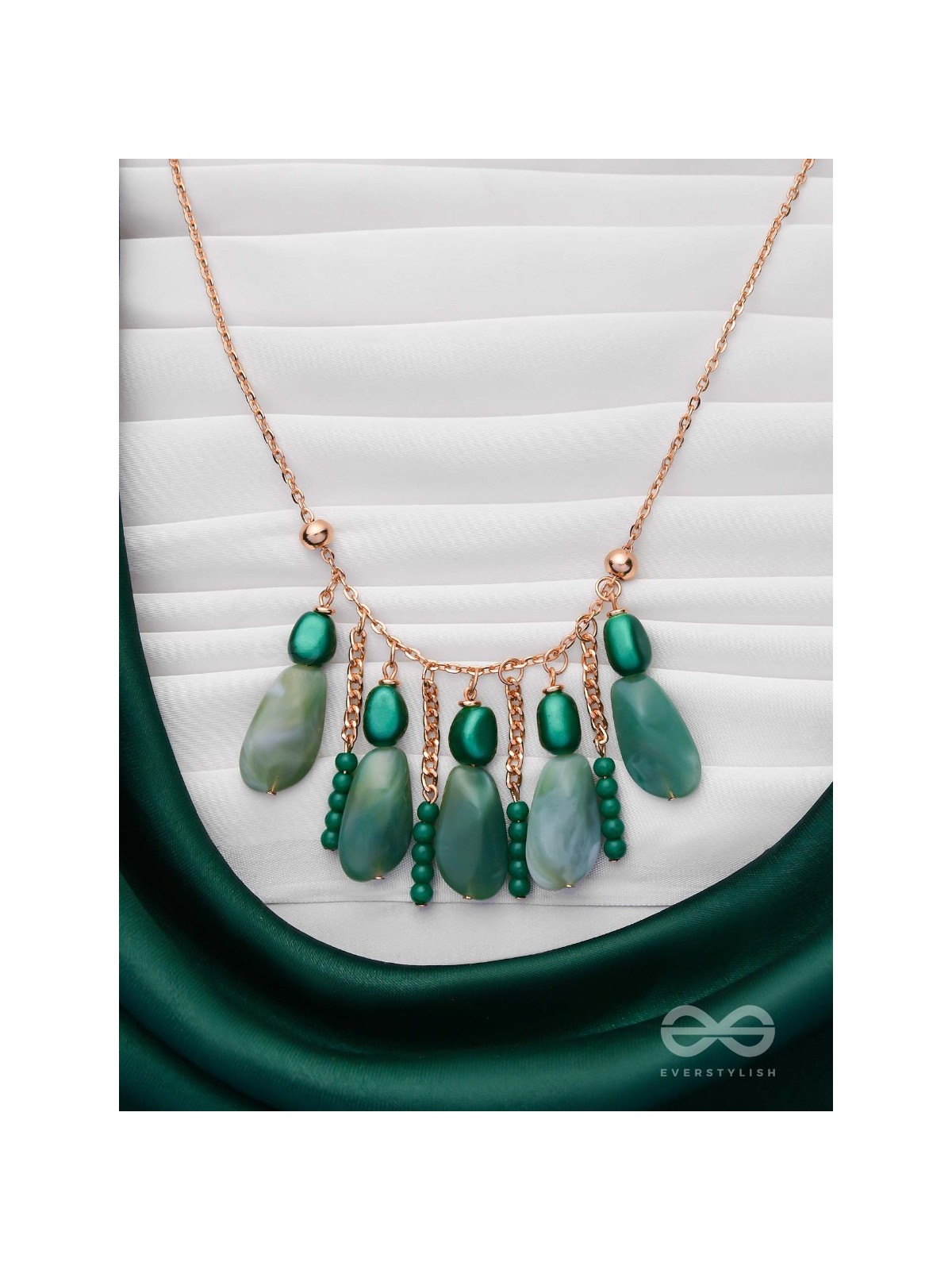 Nature's Emerald Paradise- Golden Playful Neckpiece With Anti-Tarnish Coating 