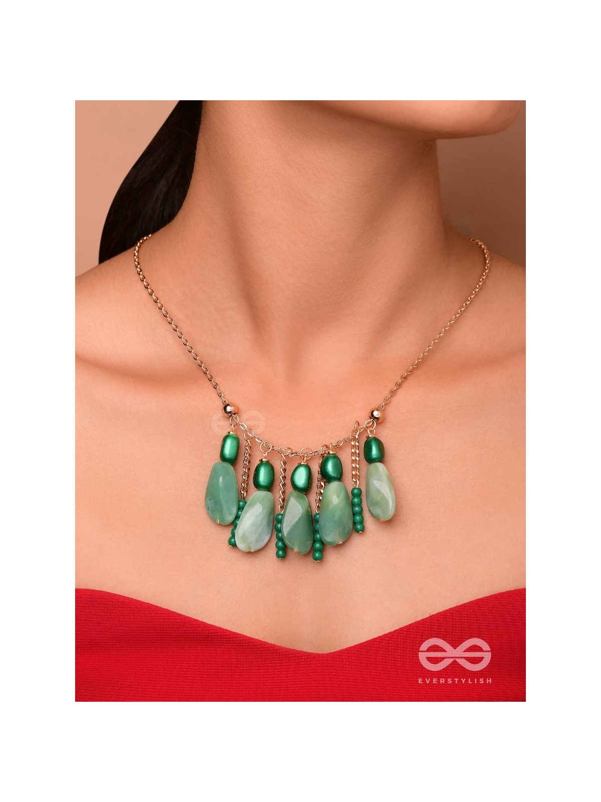 Nature's Emerald Paradise- Golden Playful Neckpiece With Anti-Tarnish Coating 