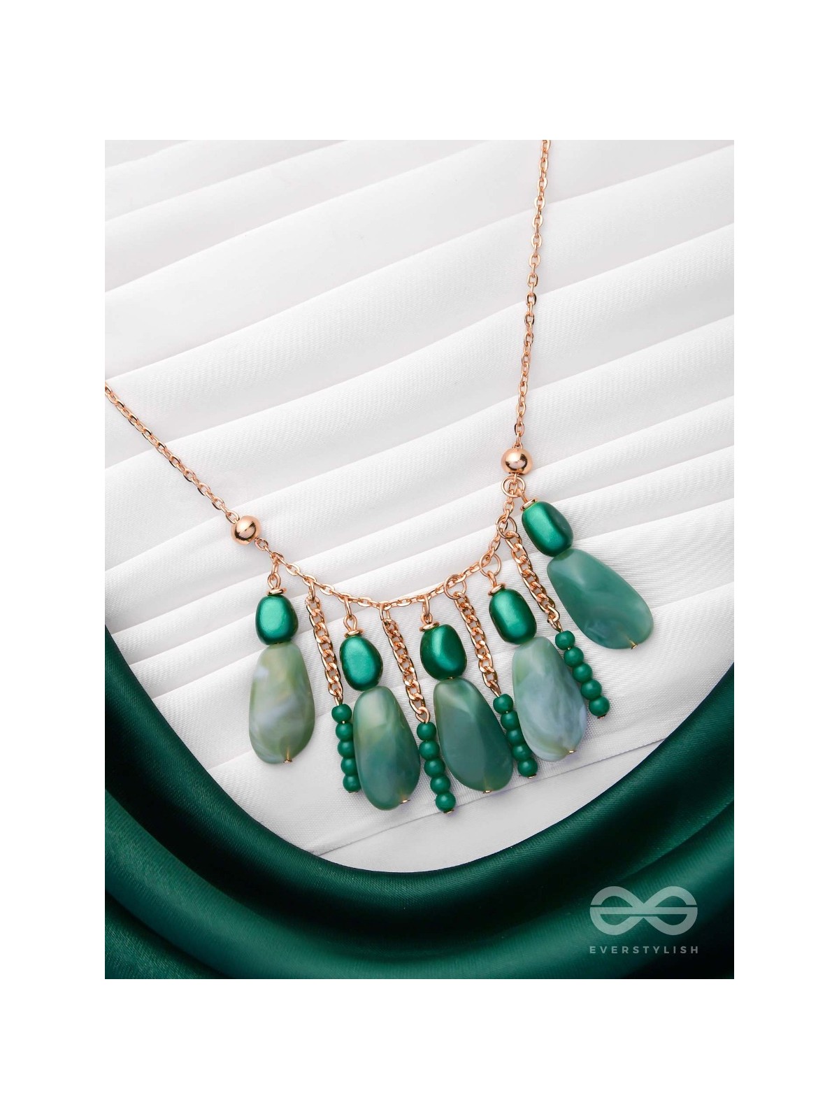 Nature's Emerald Paradise- Golden Playful Neckpiece With Anti-Tarnish Coating 