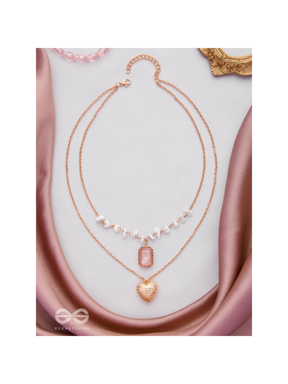 A Pink Heartscape- Boho Multilayered Neckpiece With Anti-Tarnish Coating 