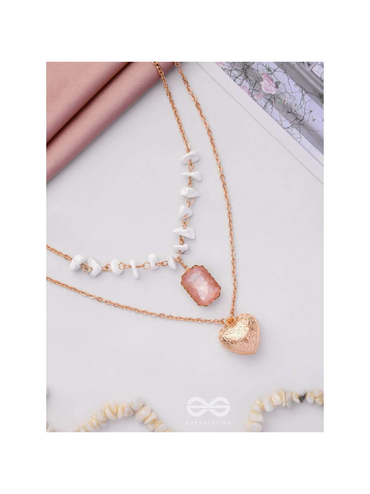 A Pink Heartscape- Boho Multilayered Neckpiece With Anti-Tarnish Coating 