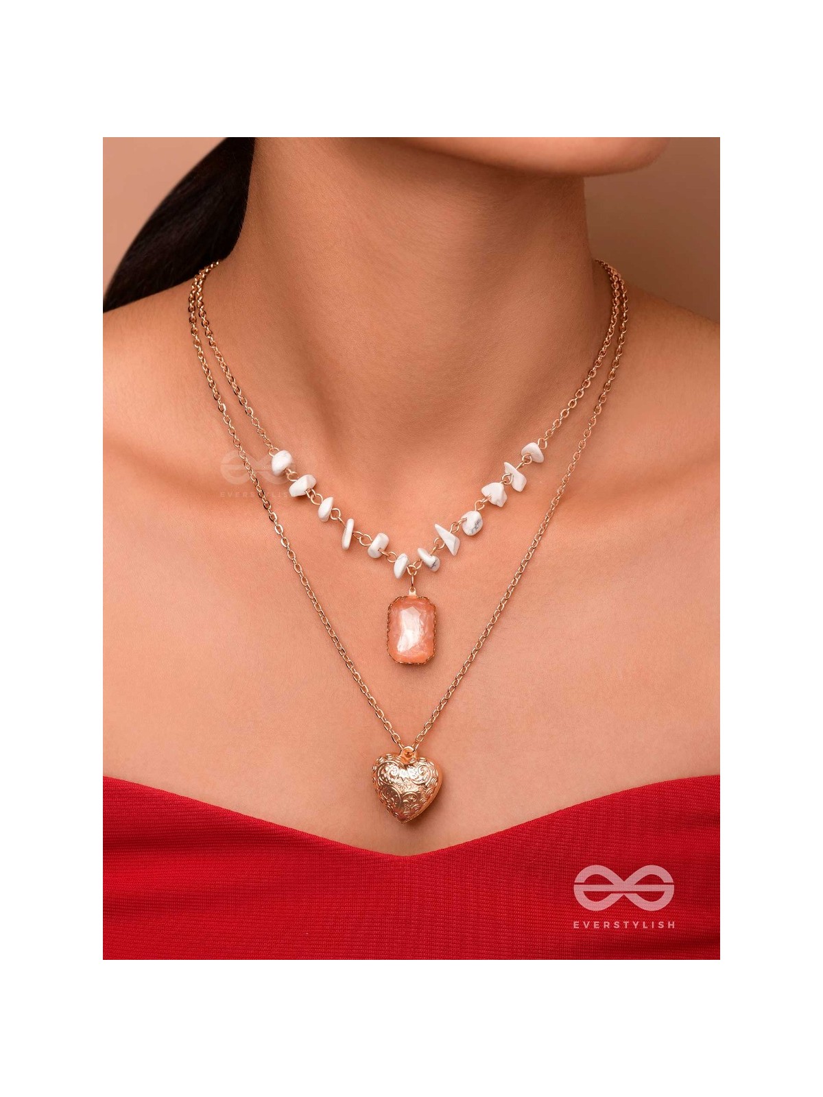 A Pink Heartscape- Boho Multilayered Neckpiece With Anti-Tarnish Coating 