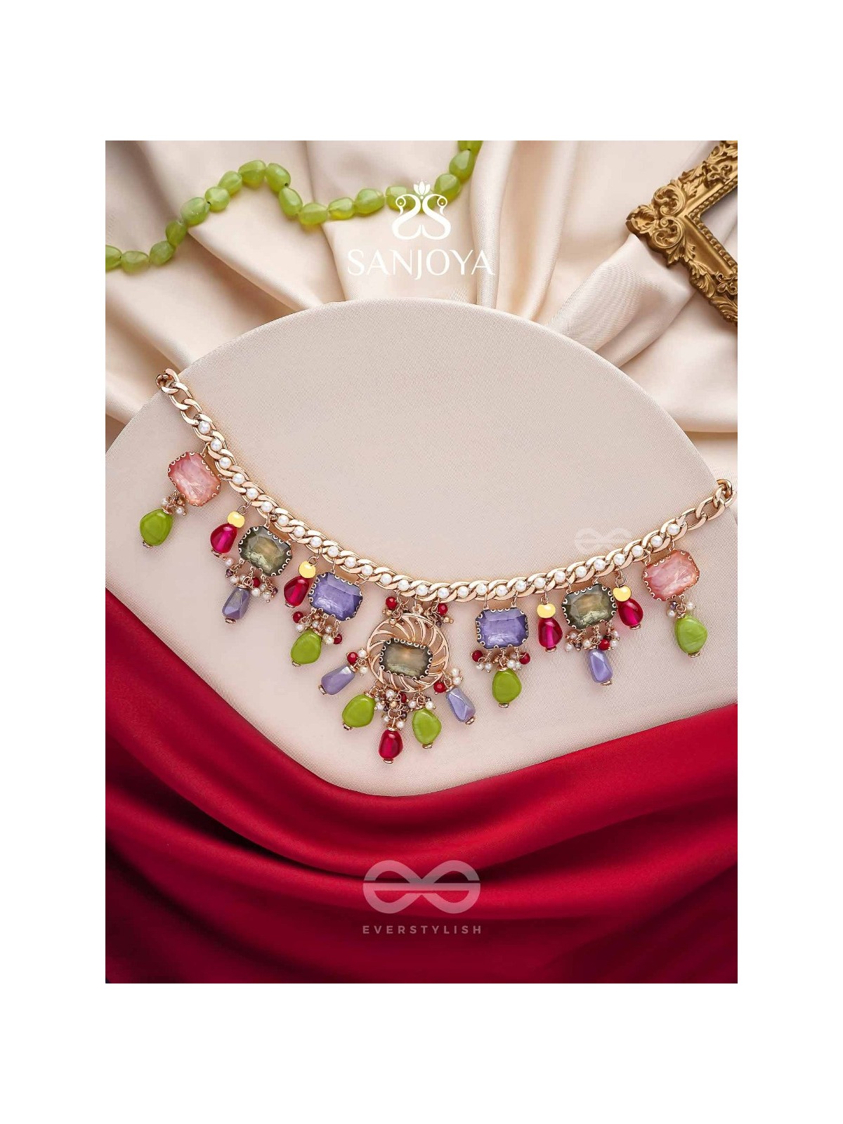 Suprayas - The Regal Gemstones - Golden Embellished Statement Neckpiece (Multicolor)