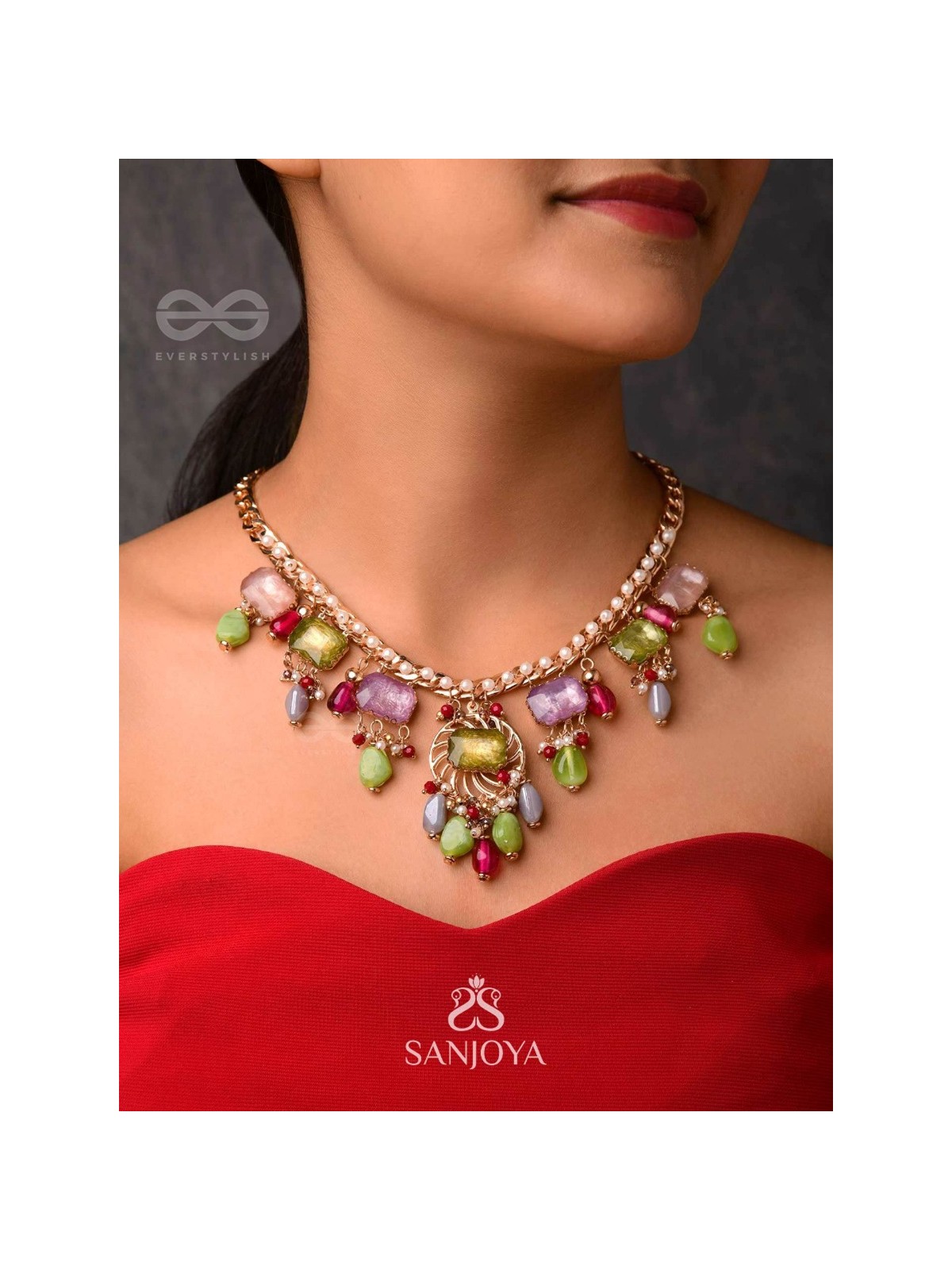 Suprayas - The Regal Gemstones - Golden Embellished Statement Neckpiece (Multicolor)