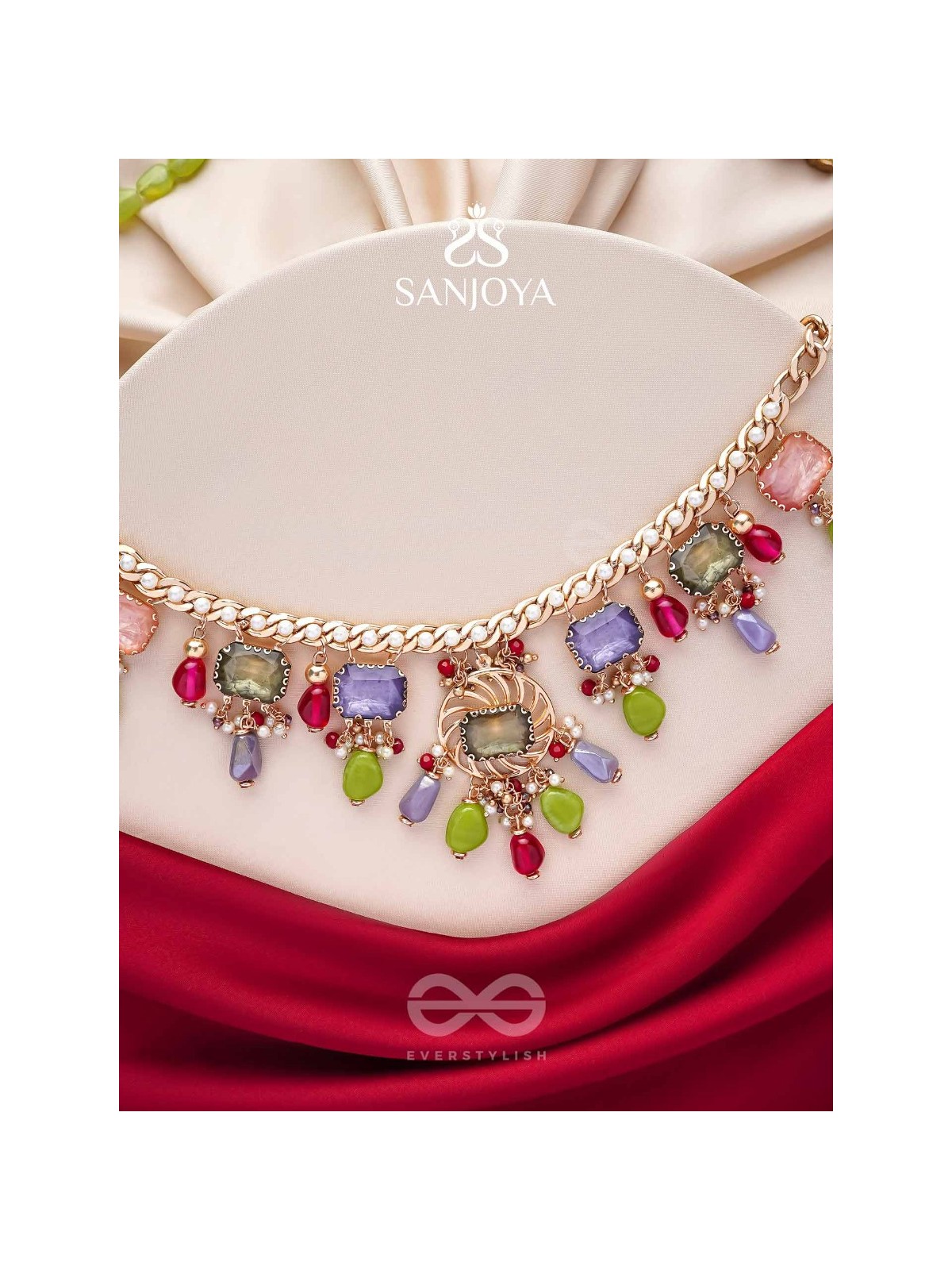 Suprayas - The Regal Gemstones - Golden Embellished Statement Neckpiece (Multicolor)