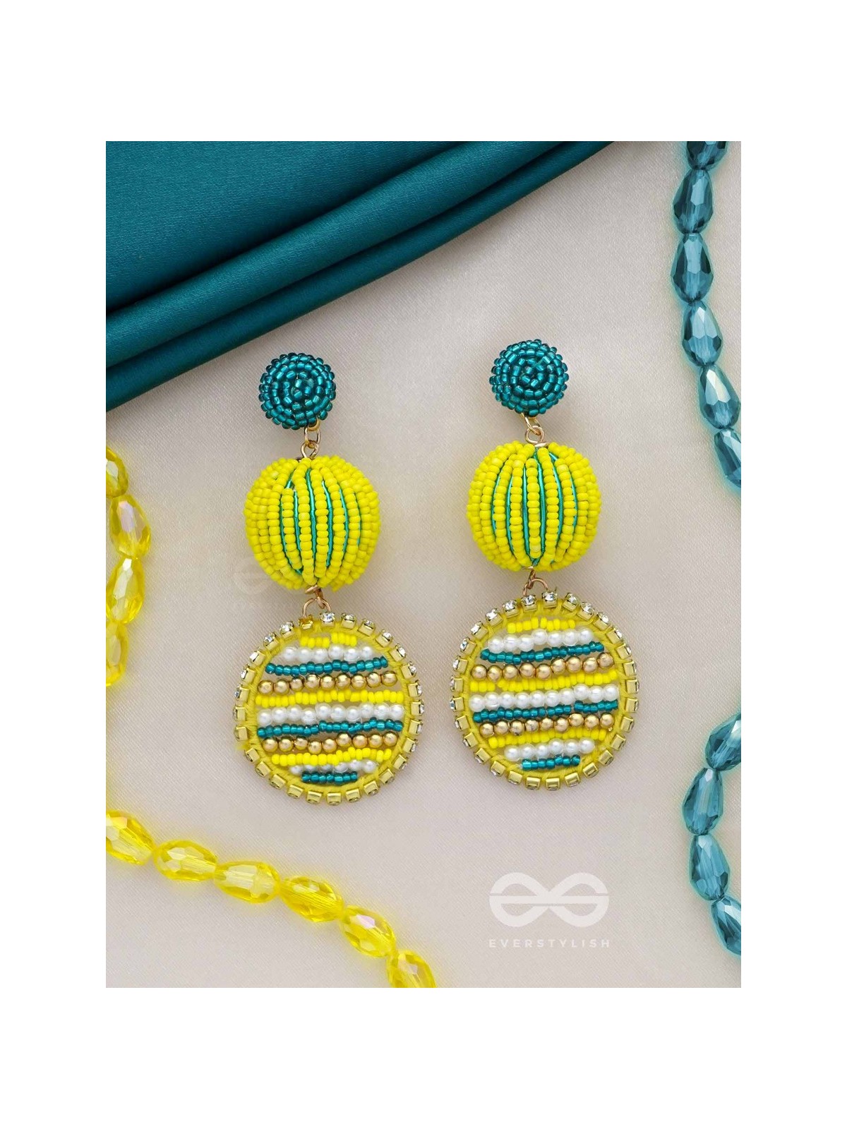 Viroka - Out & Loud - Beads Hand Embroidered Earrings (Yellow & Teal)