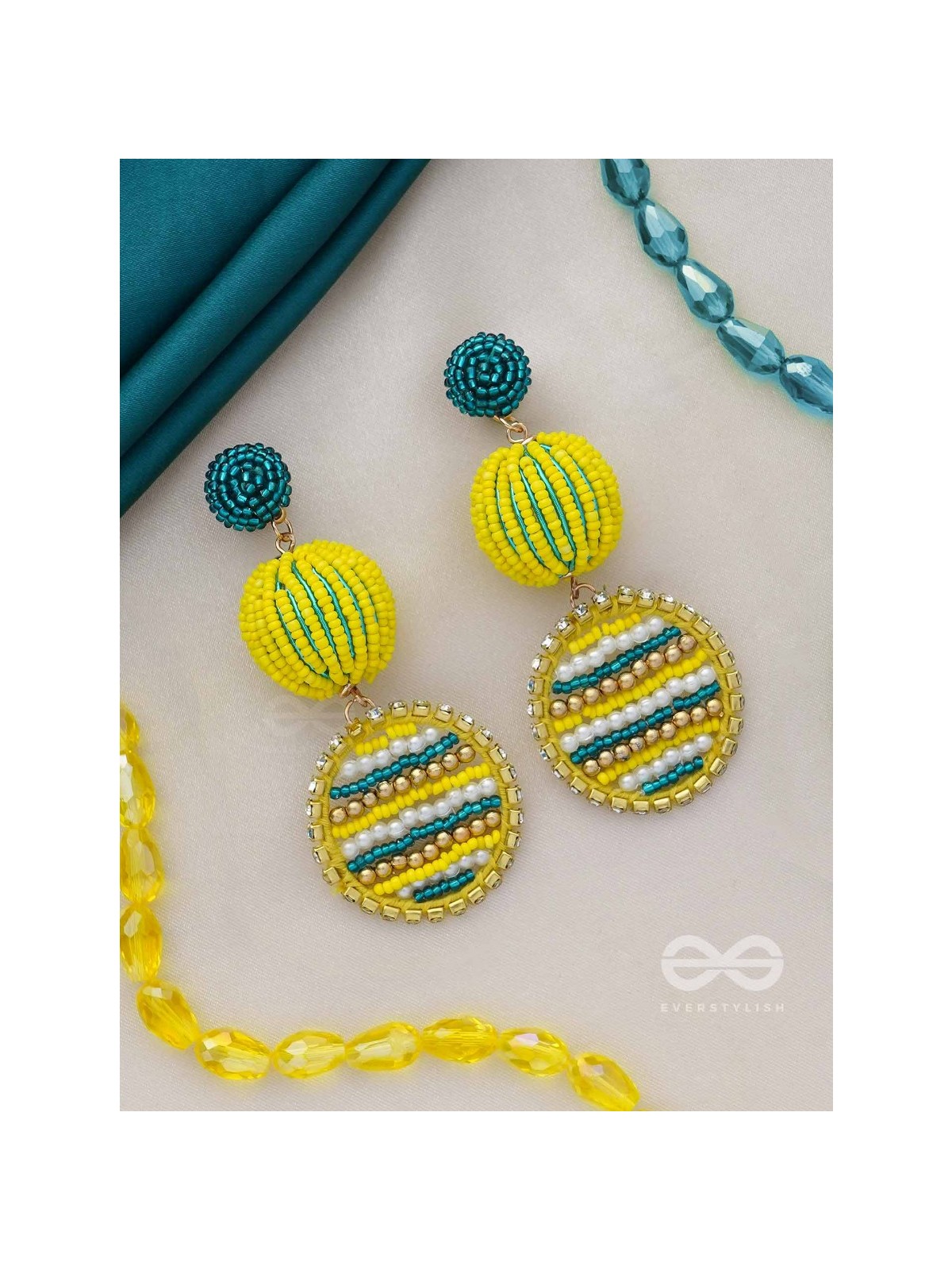 Viroka - Out & Loud - Beads Hand Embroidered Earrings (Yellow & Teal)