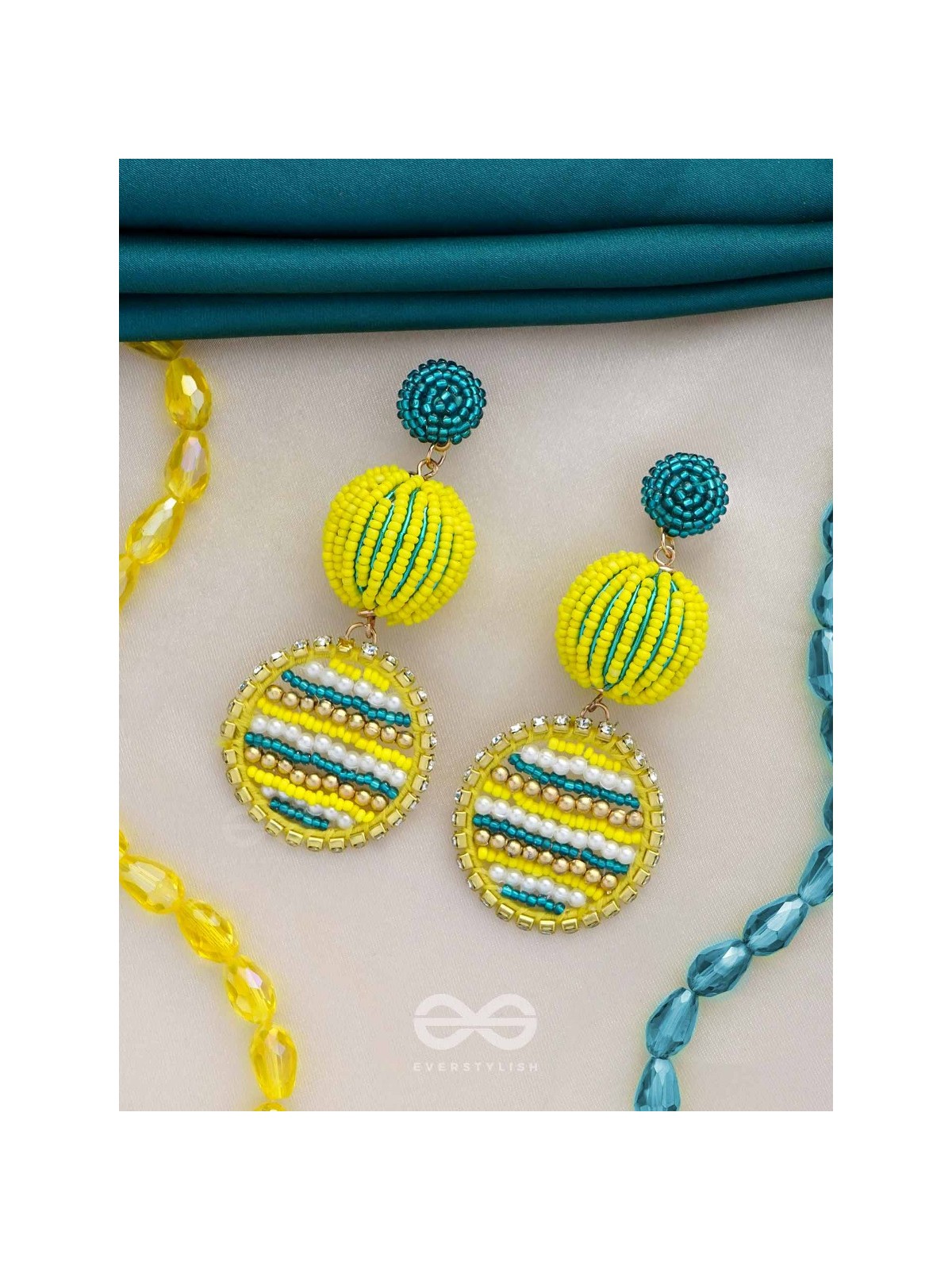 Viroka - Out & Loud - Beads Hand Embroidered Earrings (Yellow & Teal)