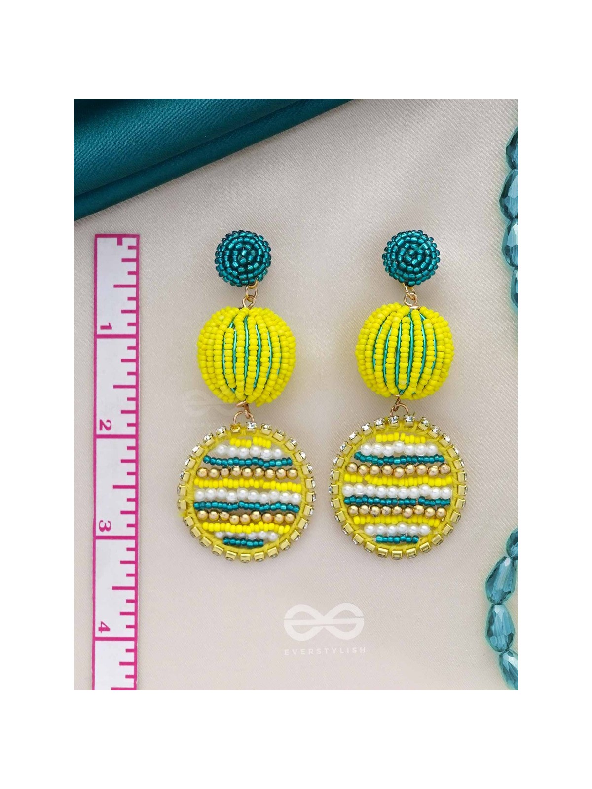 Viroka - Out & Loud - Beads Hand Embroidered Earrings (Yellow & Teal)
